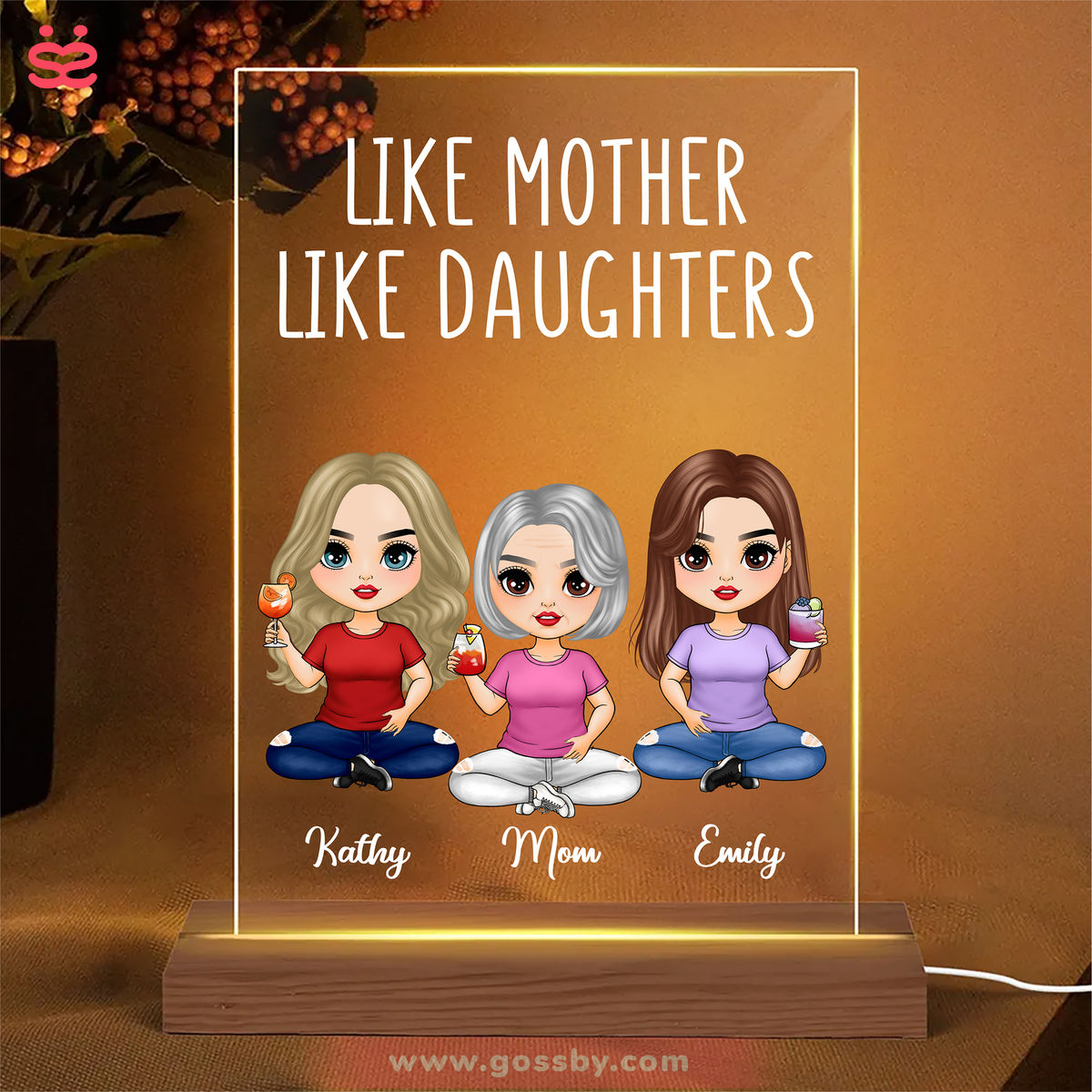 Mother's Day Gift - Like Mother Like Daughters (Ver 2) - Personalized 3D LED Light Wooden Base