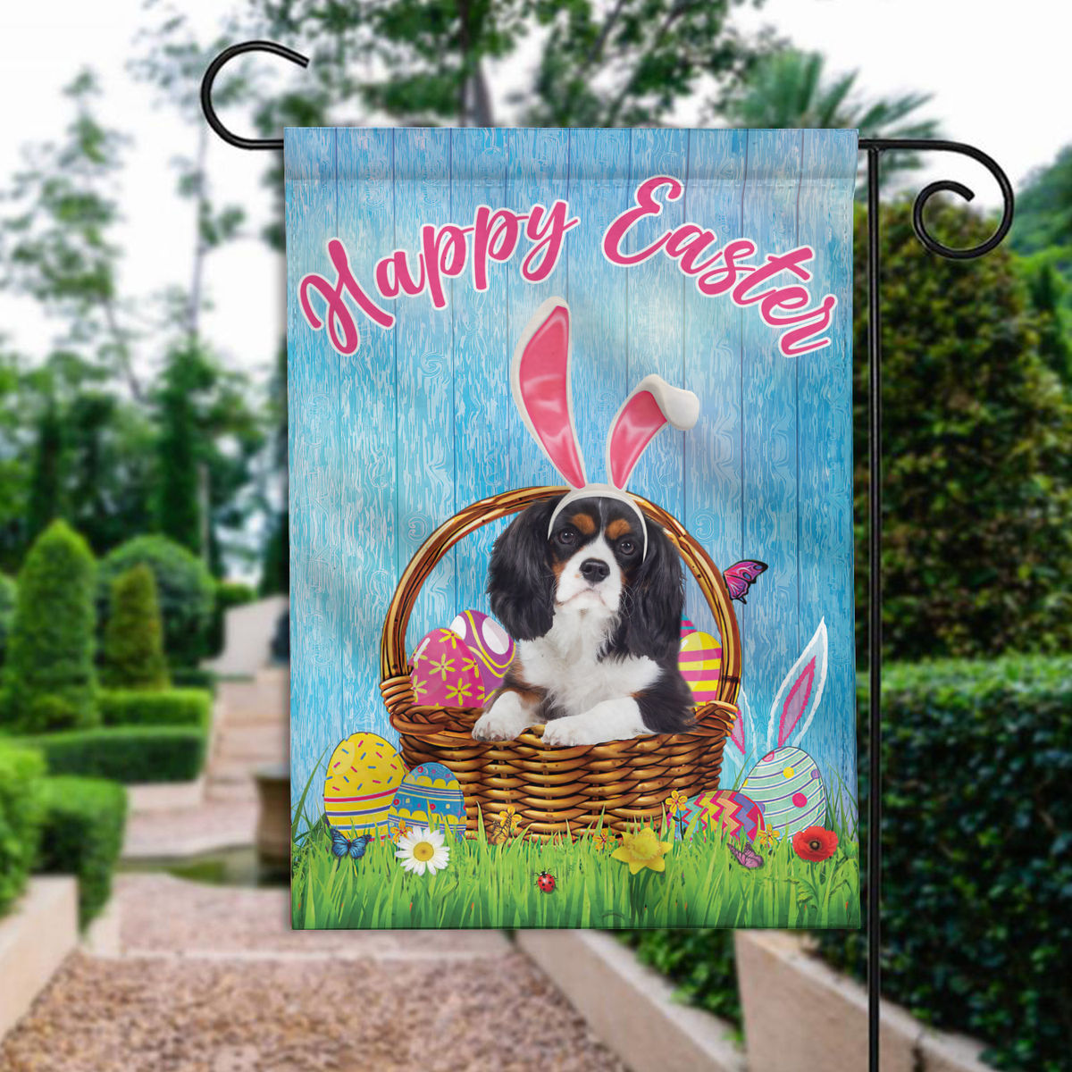 Happy Easter - Happy Easter Cavalier King Charles Spaniel Dog Flag Dog Bunny Easter Eggs Spring Garden Flag Easter Welcome Flag 24528
