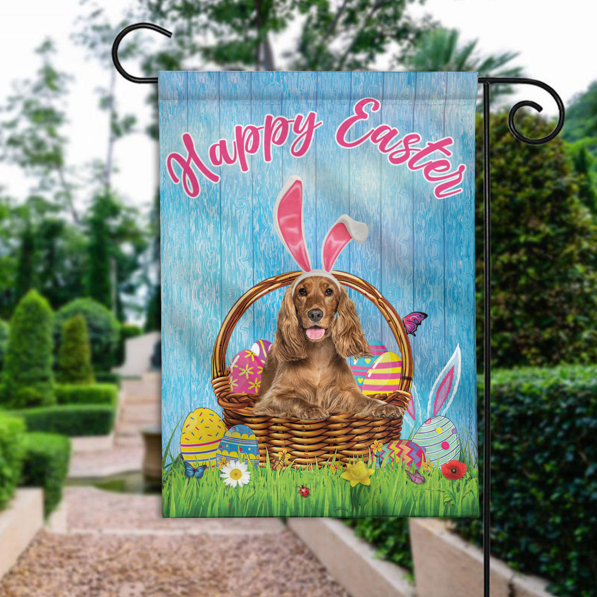 Happy Easter - Happy Easter English Cocker Spaniel Dog Flag English Cocker Spaniel Bunny Easter Eggs Spring Garden Flag Easter Welcome Flag 24541