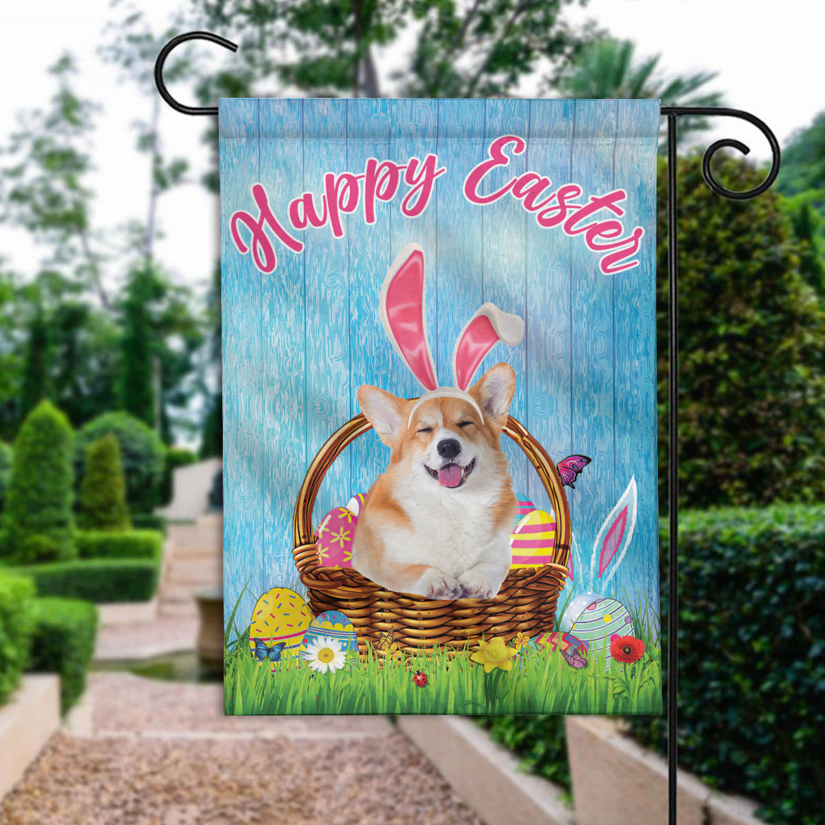 Happy Easter - Happy Easter Corgi Dog Flag Corgi Dog Bunny Easter Eggs Spring Garden Flag Easter Welcome Flag 24542