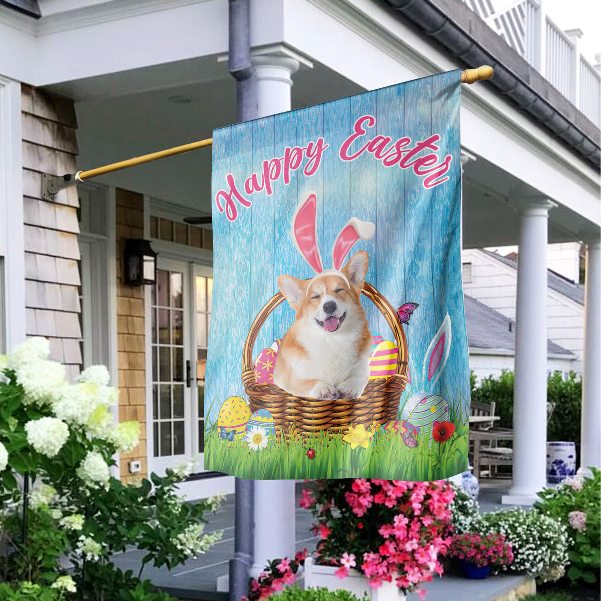 Happy Easter - Happy Easter Corgi Dog Flag Corgi Dog Bunny Easter Eggs Spring Garden Flag Easter Welcome Flag 24542_1