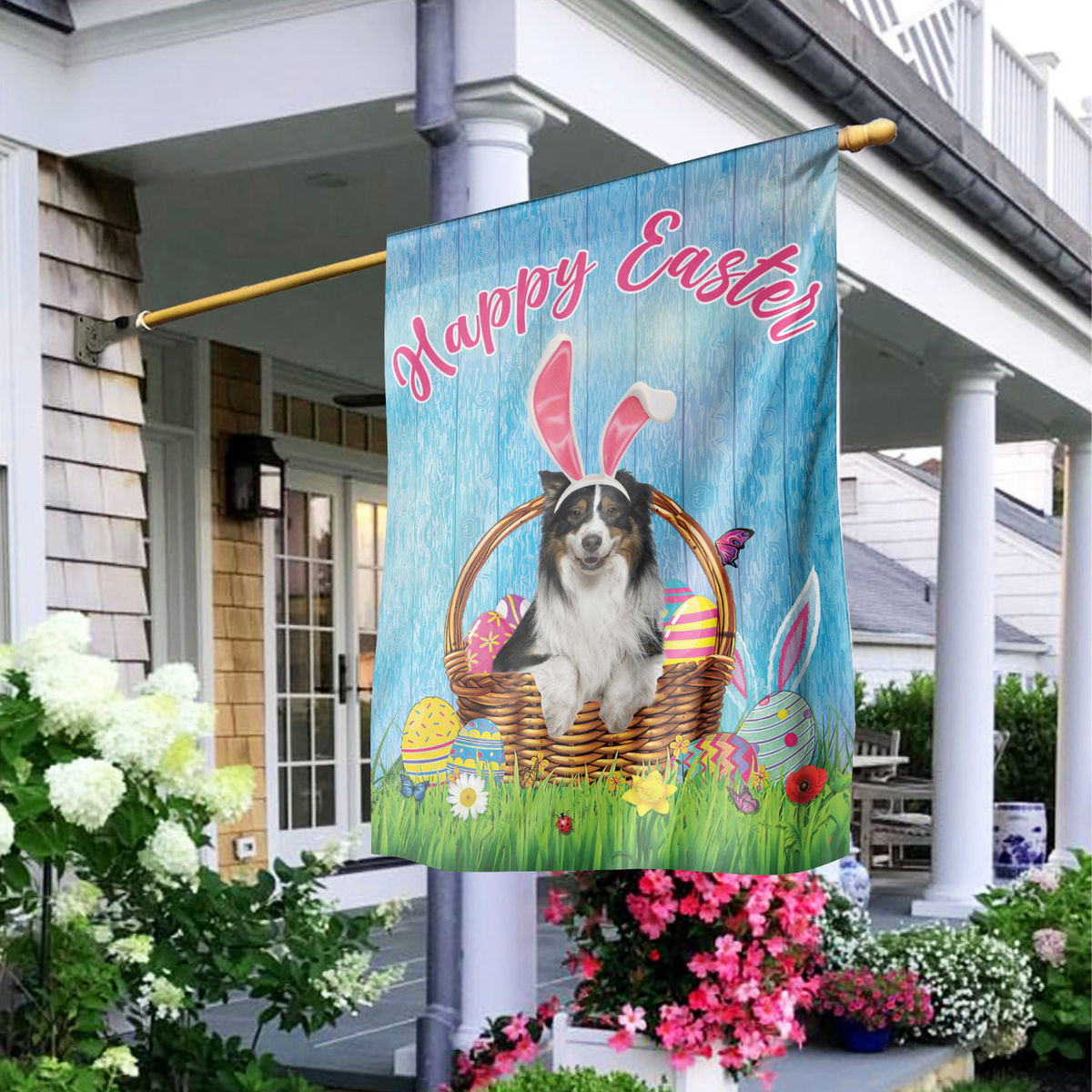 Happy Easter - Happy Easter Australian Shepherd Dog Flag Australian Shepherd Dog Bunny Easter Eggs Spring Garden Flag Easter Welcome Flag 24558_2