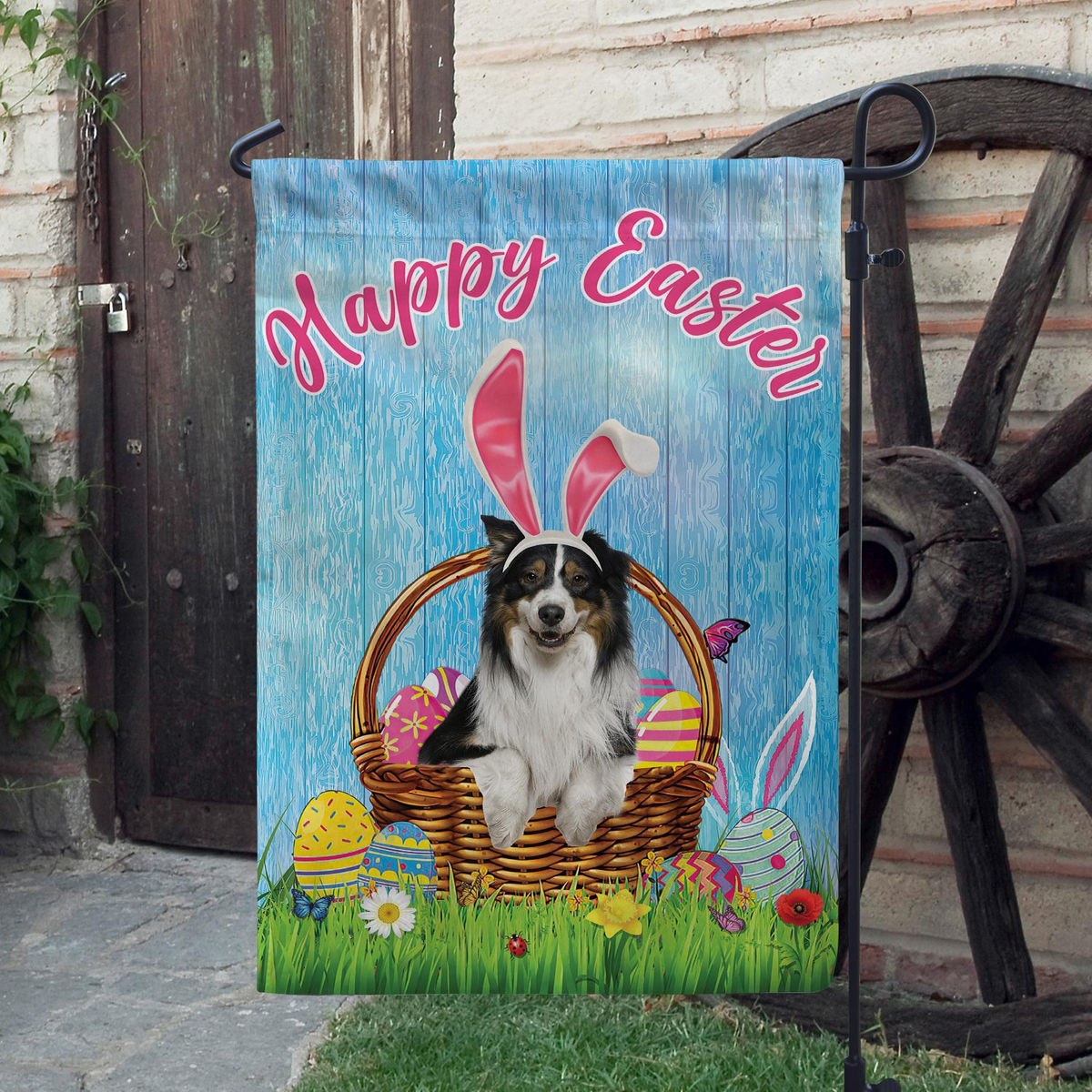 Happy Easter - Happy Easter Australian Shepherd Dog Flag Australian Shepherd Dog Bunny Easter Eggs Spring Garden Flag Easter Welcome Flag 24558_3