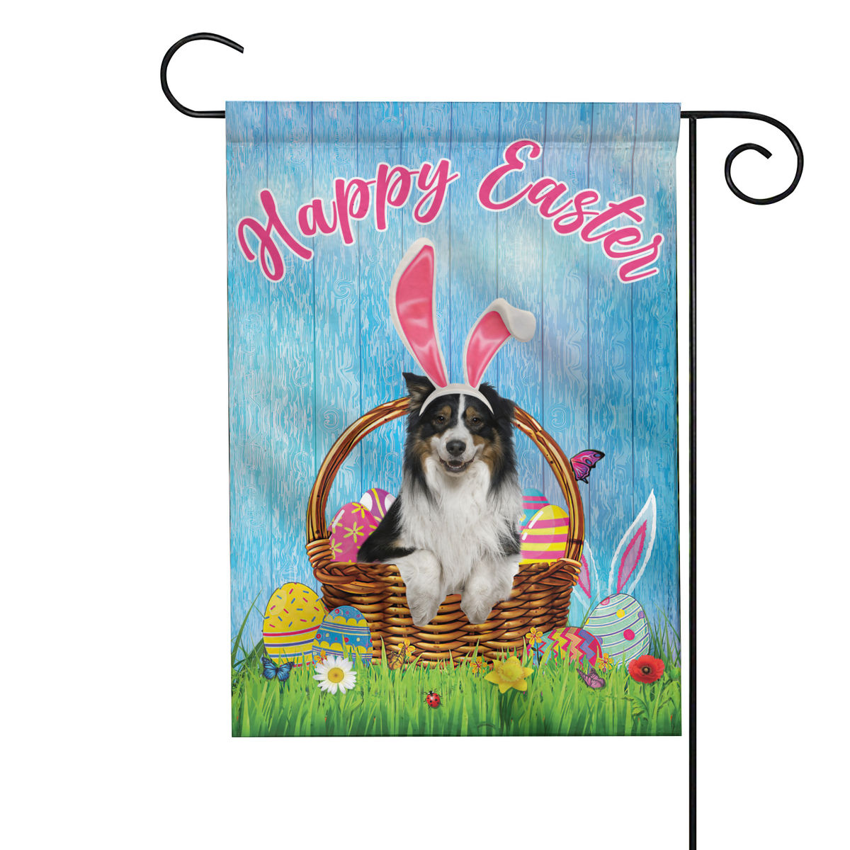 Happy Easter - Happy Easter Australian Shepherd Dog Flag Australian Shepherd Dog Bunny Easter Eggs Spring Garden Flag Easter Welcome Flag 24558_4