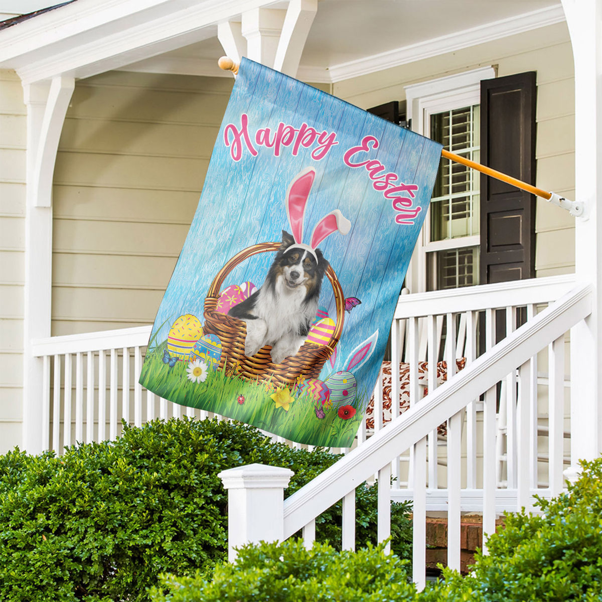 Happy Easter - Happy Easter Australian Shepherd Dog Flag Australian Shepherd Dog Bunny Easter Eggs Spring Garden Flag Easter Welcome Flag 24558_1