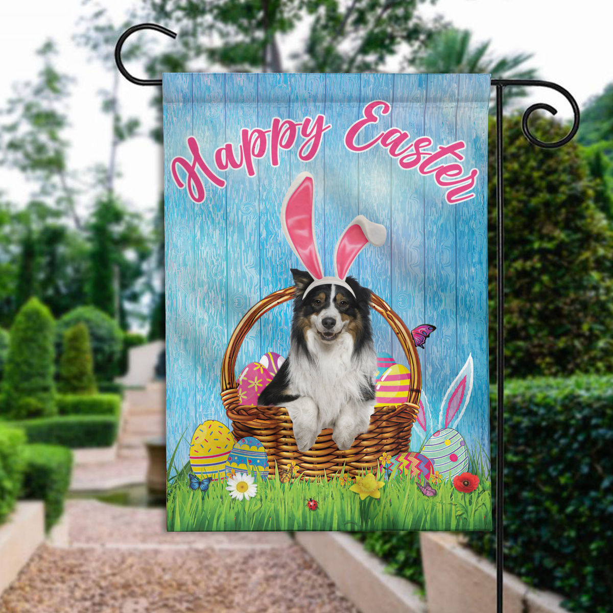 Happy Easter - Happy Easter Australian Shepherd Dog Flag Australian Shepherd Dog Bunny Easter Eggs Spring Garden Flag Easter Welcome Flag 24558