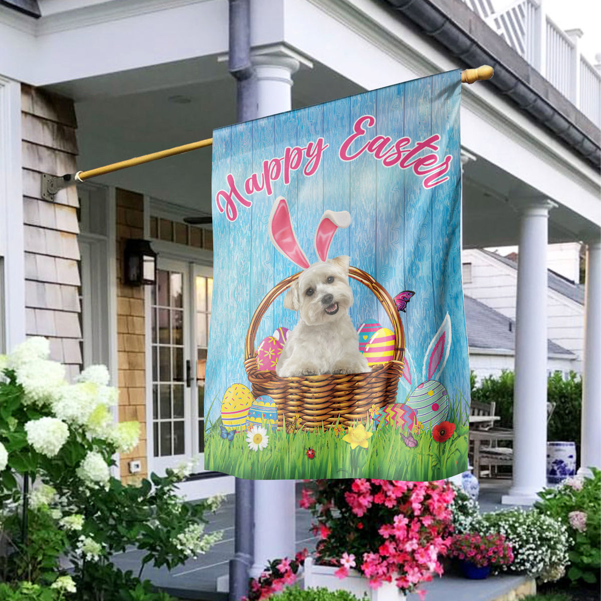 Happy Easter - Happy Easter Maltese Dog Flag Maltese Dog Bunny Easter Eggs Spring Garden Flag Easter Welcome Flag 24559_1