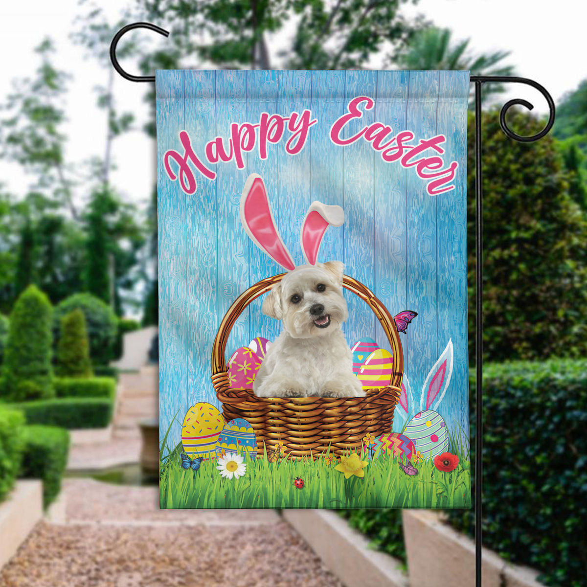 Happy Easter - Happy Easter Maltese Dog Flag Maltese Dog Bunny Easter Eggs Spring Garden Flag Easter Welcome Flag 24559