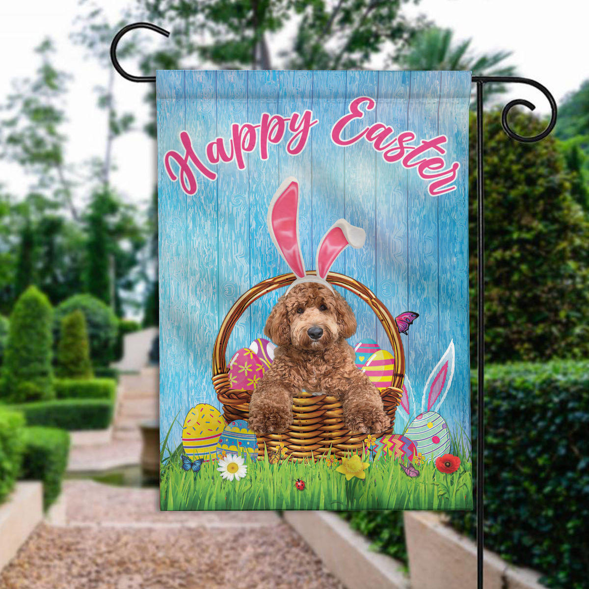 Happy Easter - Happy Easter Goldendoodle Dog Flag Goldendoodle Dog Bunny Easter Eggs Spring Garden Flag Easter Welcome Flag 24568
