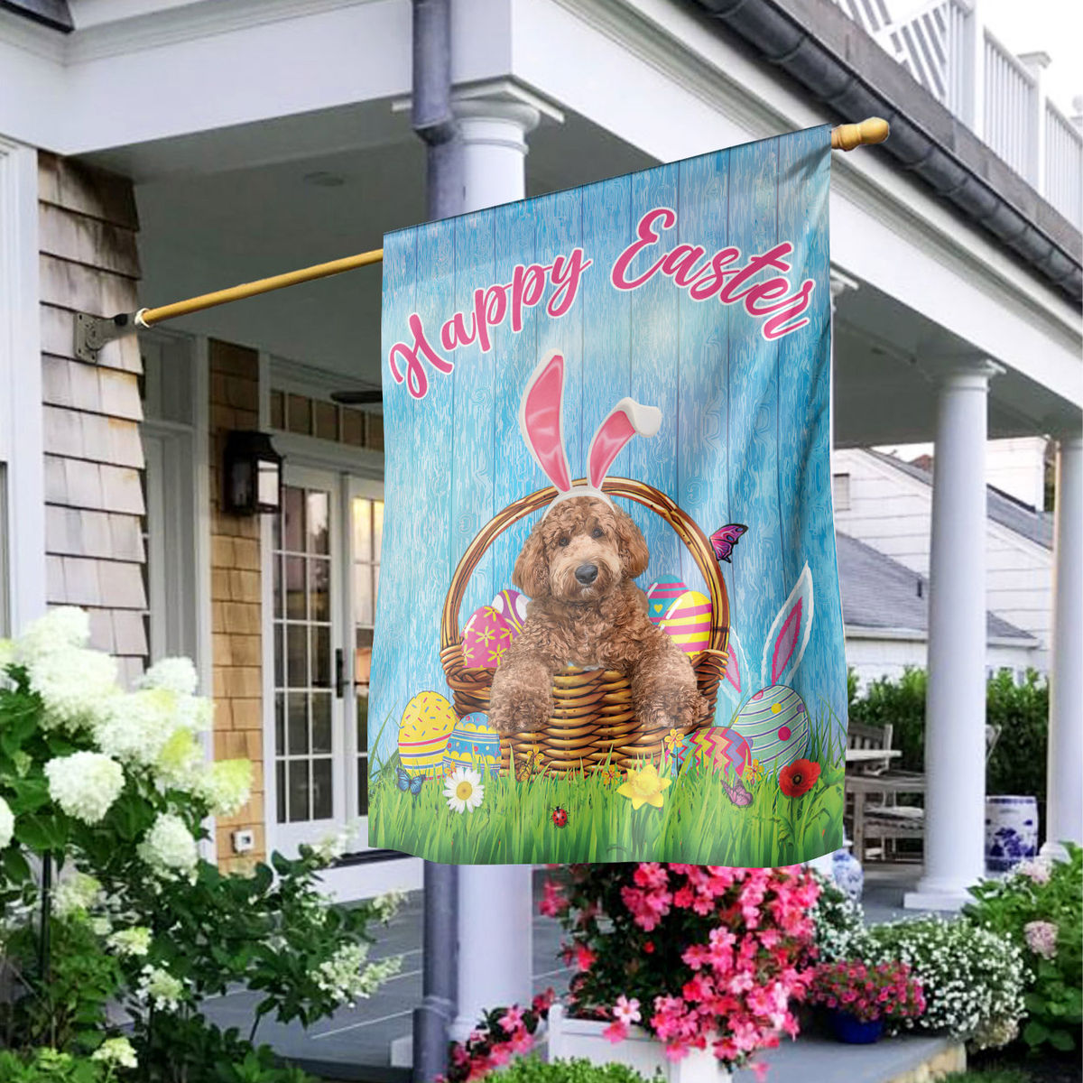 Happy Easter - Happy Easter Goldendoodle Dog Flag Goldendoodle Dog Bunny Easter Eggs Spring Garden Flag Easter Welcome Flag 24568_1