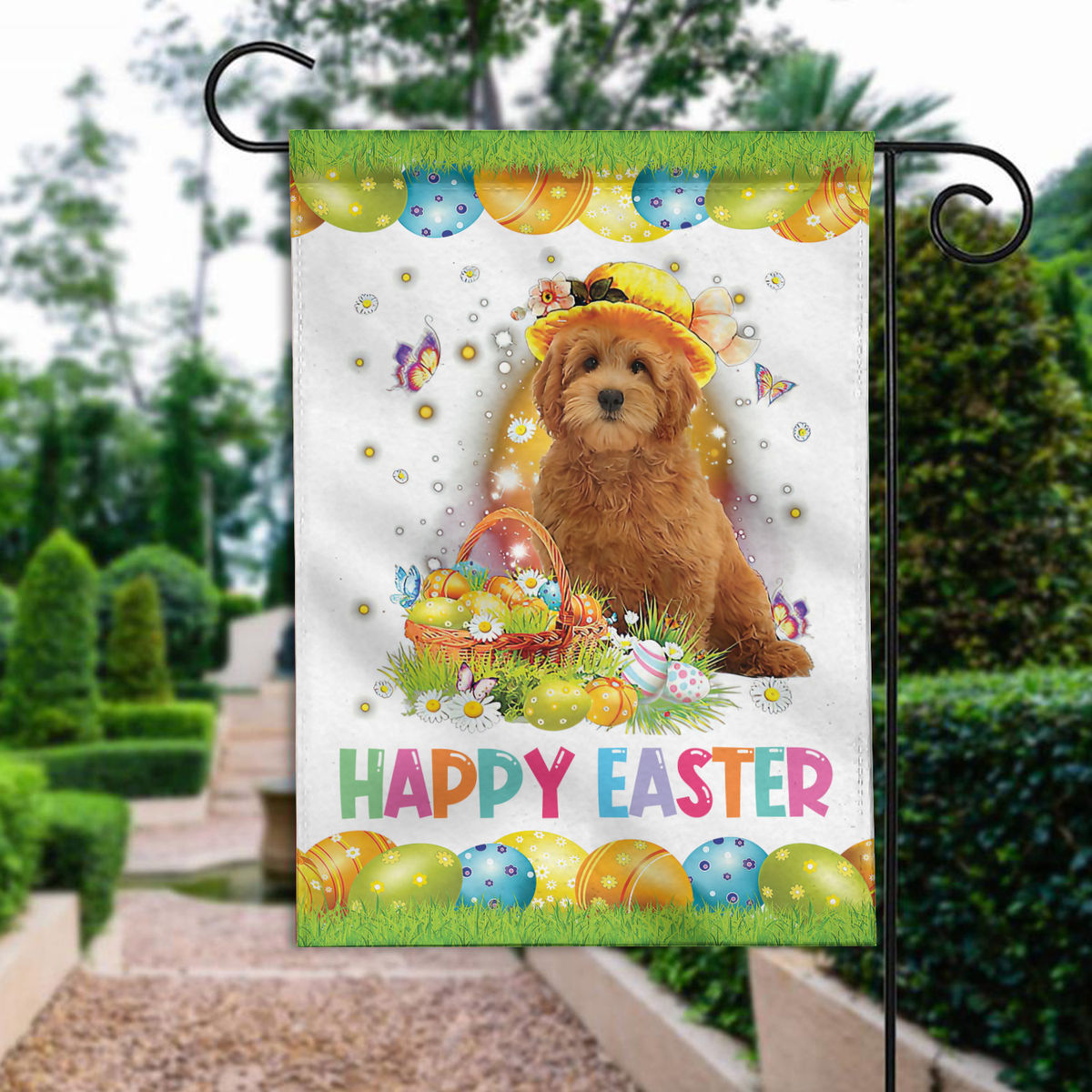 Happy Easter - Happy Easter Goldendoodle Dog Flag Goldendoodle Dog Bunny Easter Eggs Spring Garden Flag Easter Welcome Flag 24677
