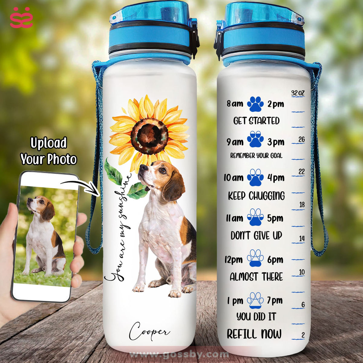 Dog Lover Water Bottle - Dog and Sunflower Art -Custom Pet Dog or Cat Portrait from Photo (D)_1