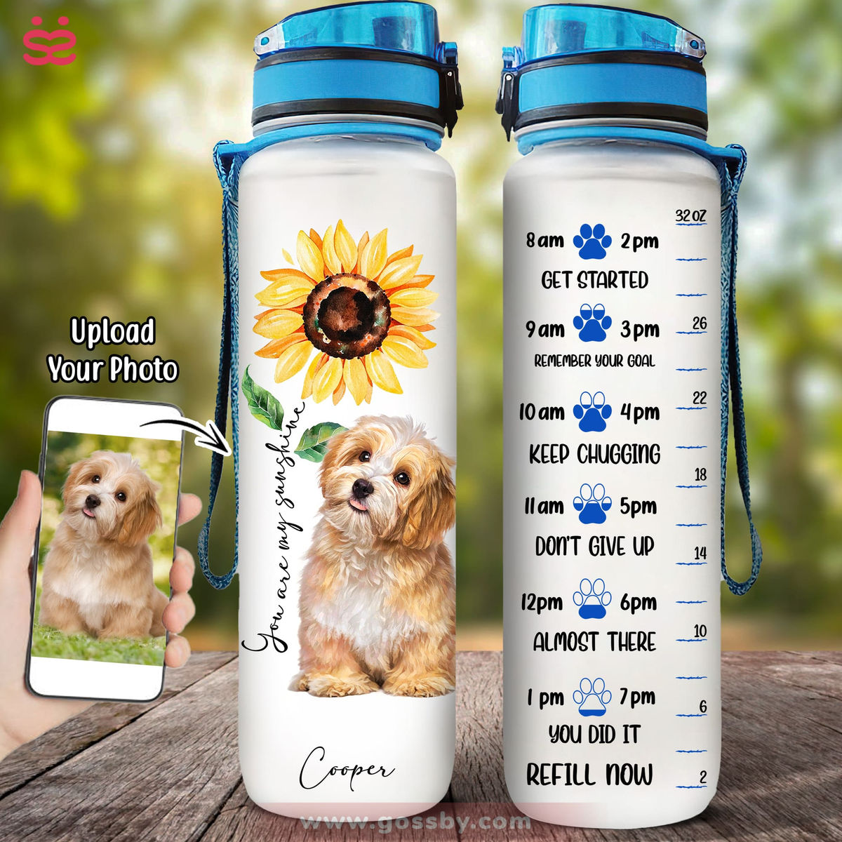 Dog Lover Water Bottle - Dog and Sunflower Art -Custom Pet Dog or Cat Portrait from Photo (D)_3