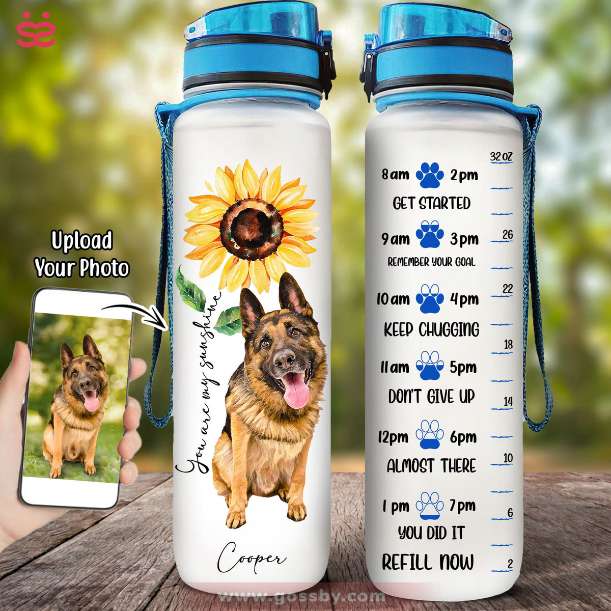 Dog Lover Water Bottle - Dog and Sunflower Art -Custom Pet Dog or Cat Portrait from Photo (D)_4