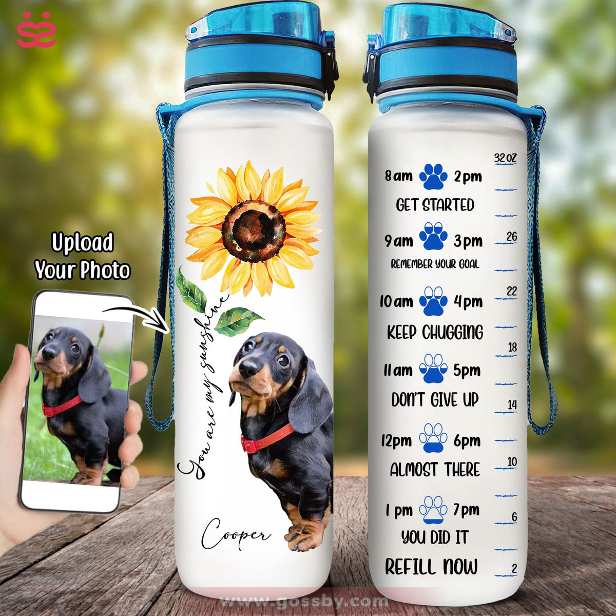 Dog Lover Water Bottle - Dog and Sunflower Art -Custom Pet Dog or Cat Portrait from Photo (L)_1