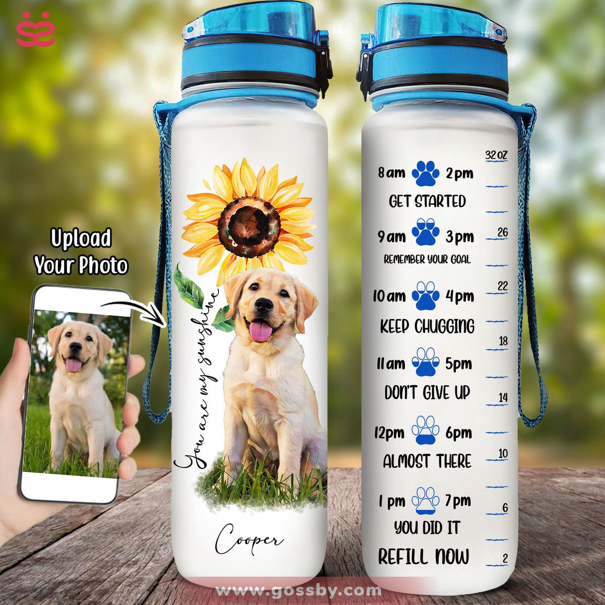 Dog Lover Water Bottle - Dog and Sunflower Art -Custom Pet Dog or Cat Portrait from Photo (L)