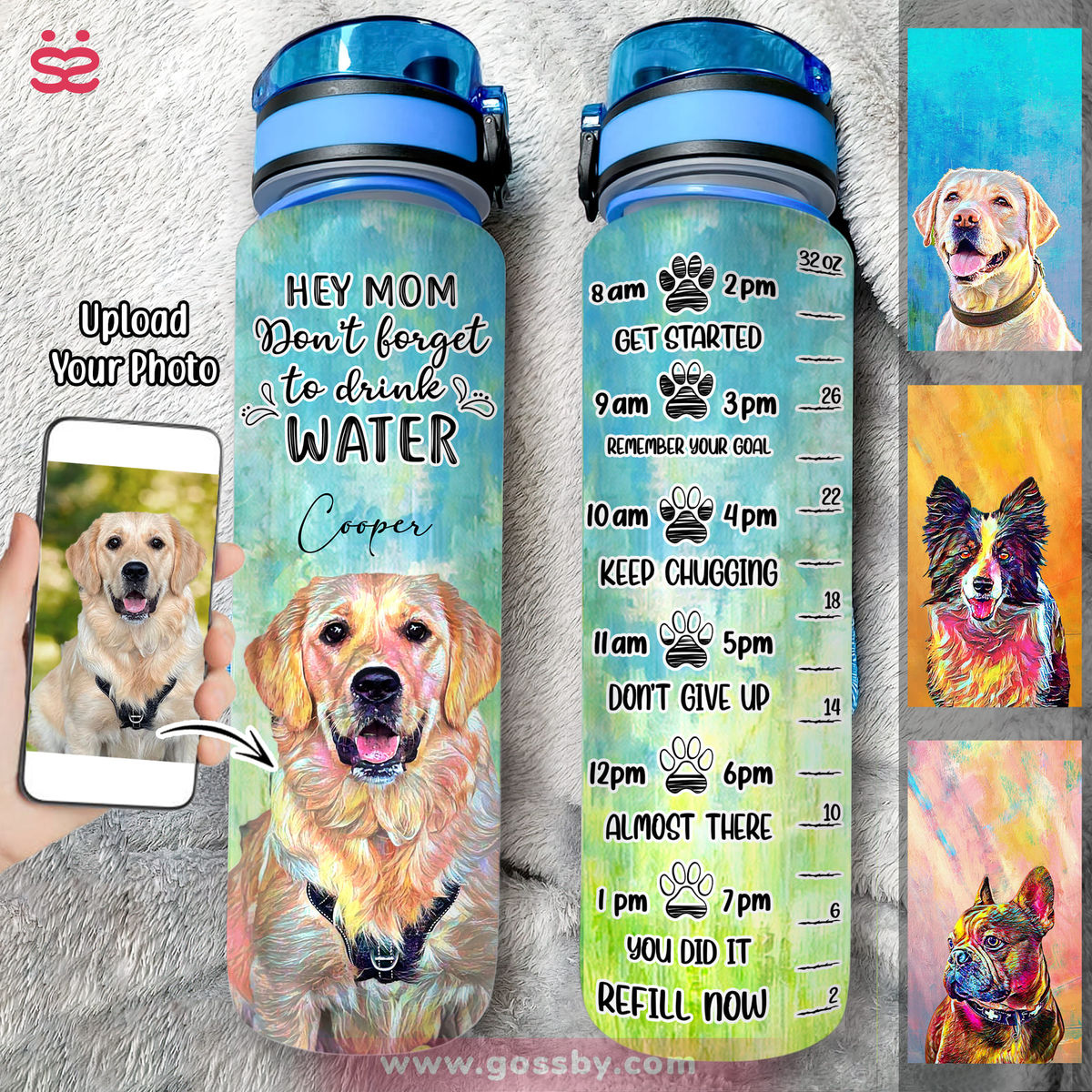 Dog Lover Water Bottle - Dog Portrait Art -Custom Pet Dog or Cat Portrait from Photo (GA)_4