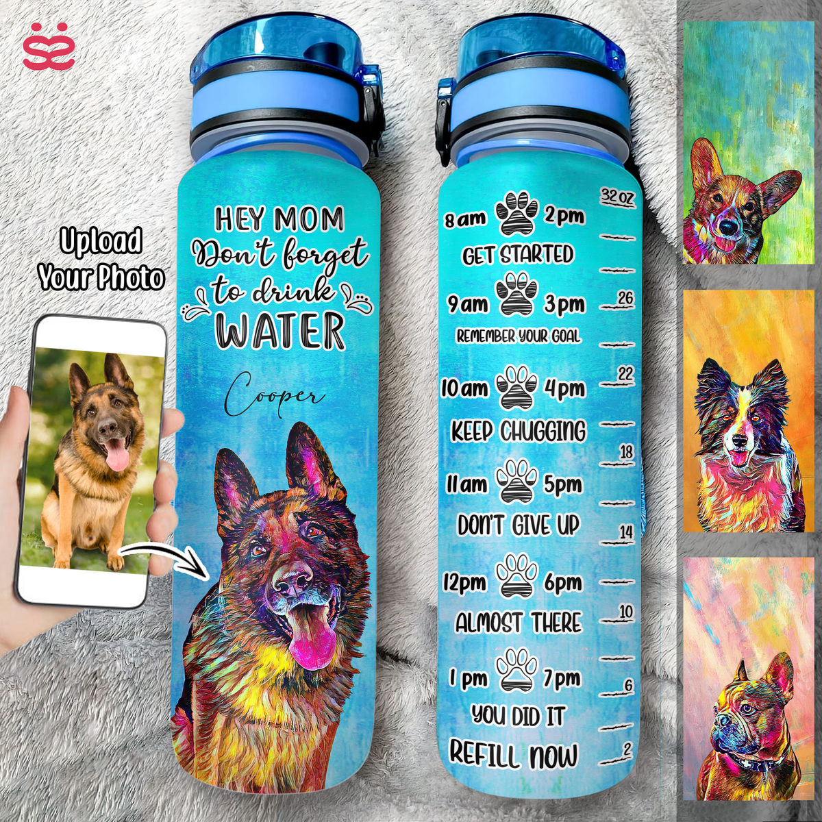 Dog Lover Water Bottle - Dog Portrait Art -Custom Pet Dog or Cat Portrait from Photo (GA)_1