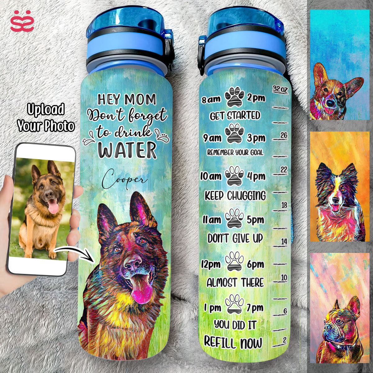 Dog Lover Water Bottle - Dog Portrait Art -Custom Pet Dog or Cat Portrait from Photo (GA)