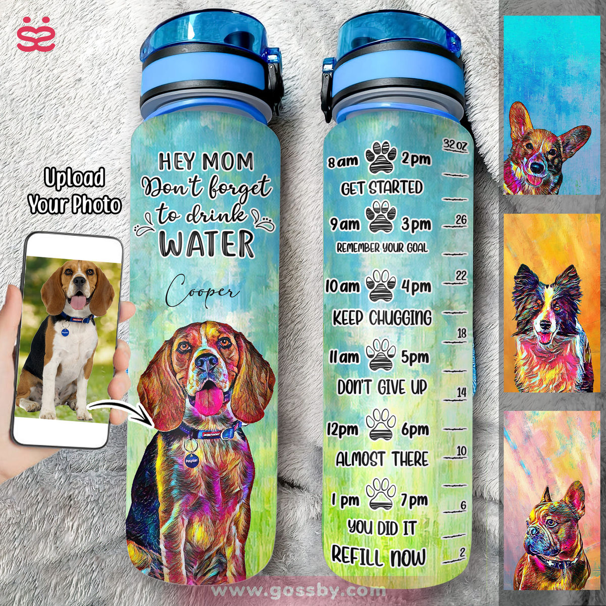 Dog Lover Water Bottle - Dog Portrait Art -Custom Pet Dog or Cat Portrait from Photo (GA)_3