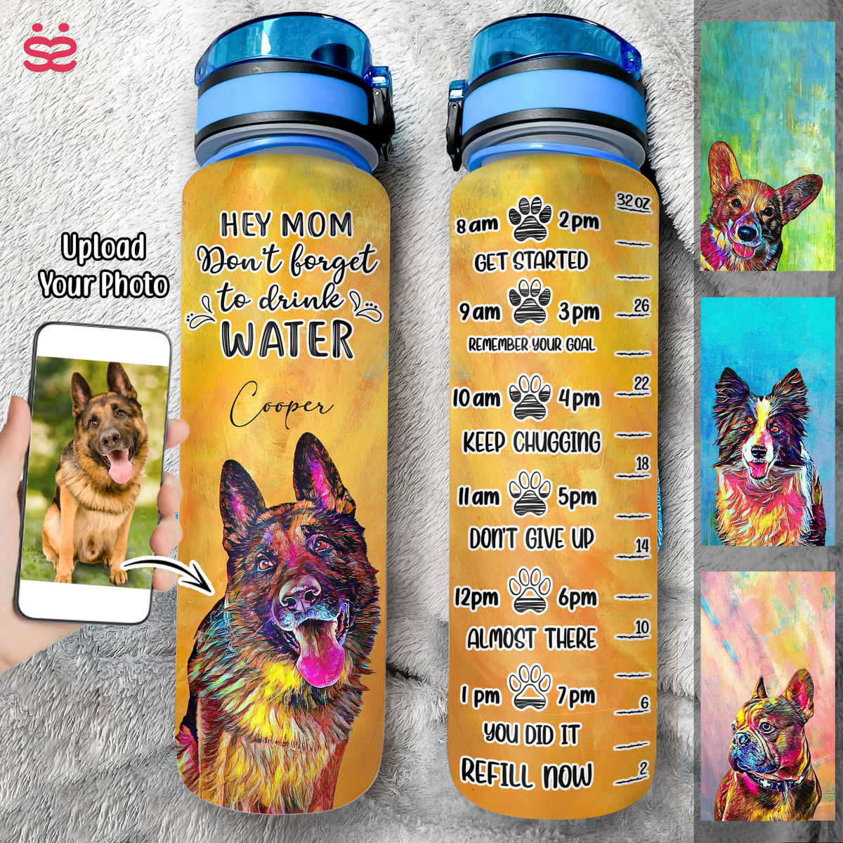 Dog Lover Water Bottle - Dog Portrait Art -Custom Pet Dog or Cat Portrait from Photo (L)_1