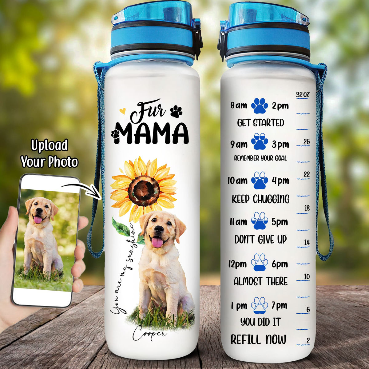 Dog Lover Water Bottle - Dog and Sunflower Art -Custom Pet Dog or Cat Portrait from Photo - Hey Mom Don't Forget to Drink Water_1