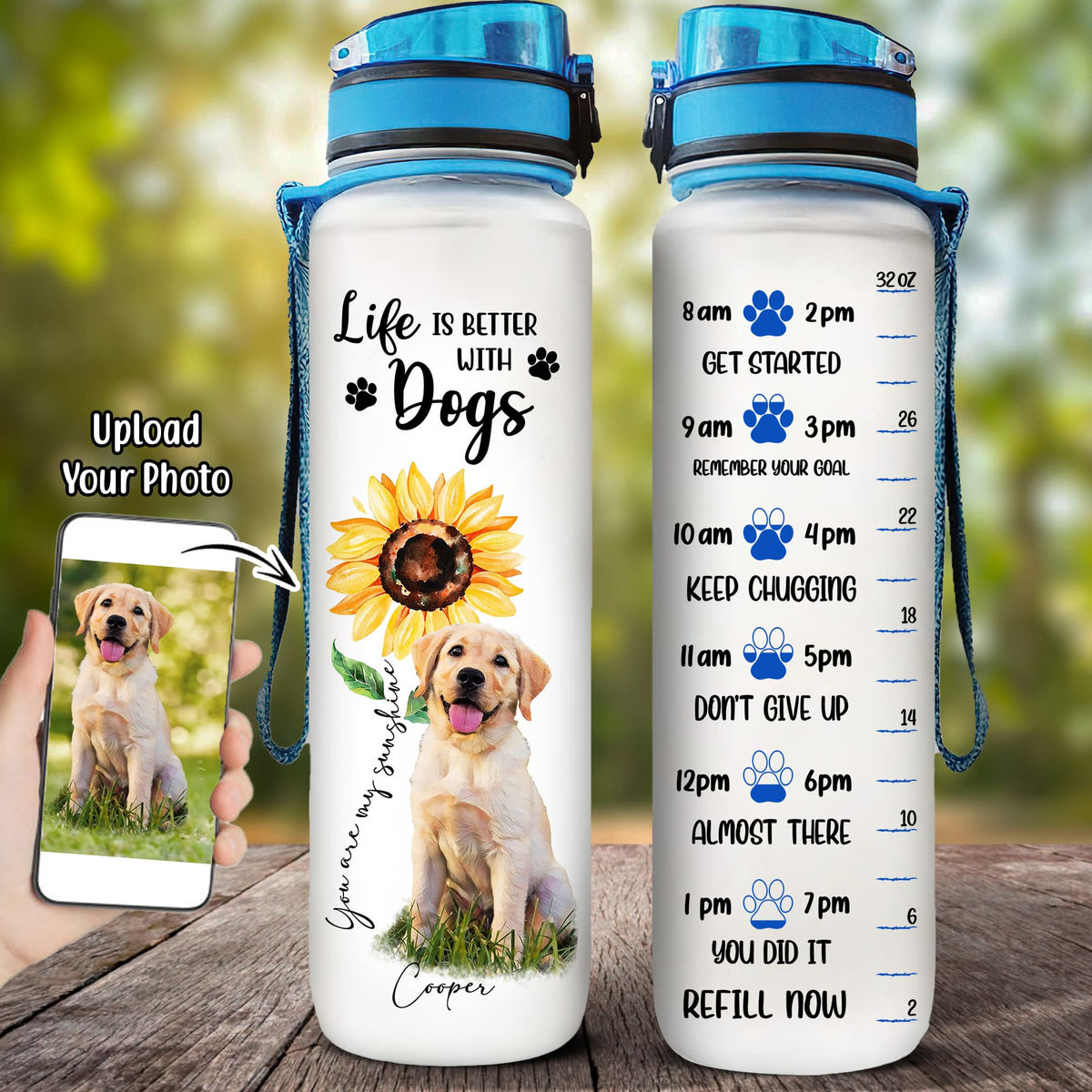 Dog Lover Water Bottle - Dog and Sunflower Art -Custom Pet Dog or Cat Portrait from Photo - Hey Mom Don't Forget to Drink Water_3