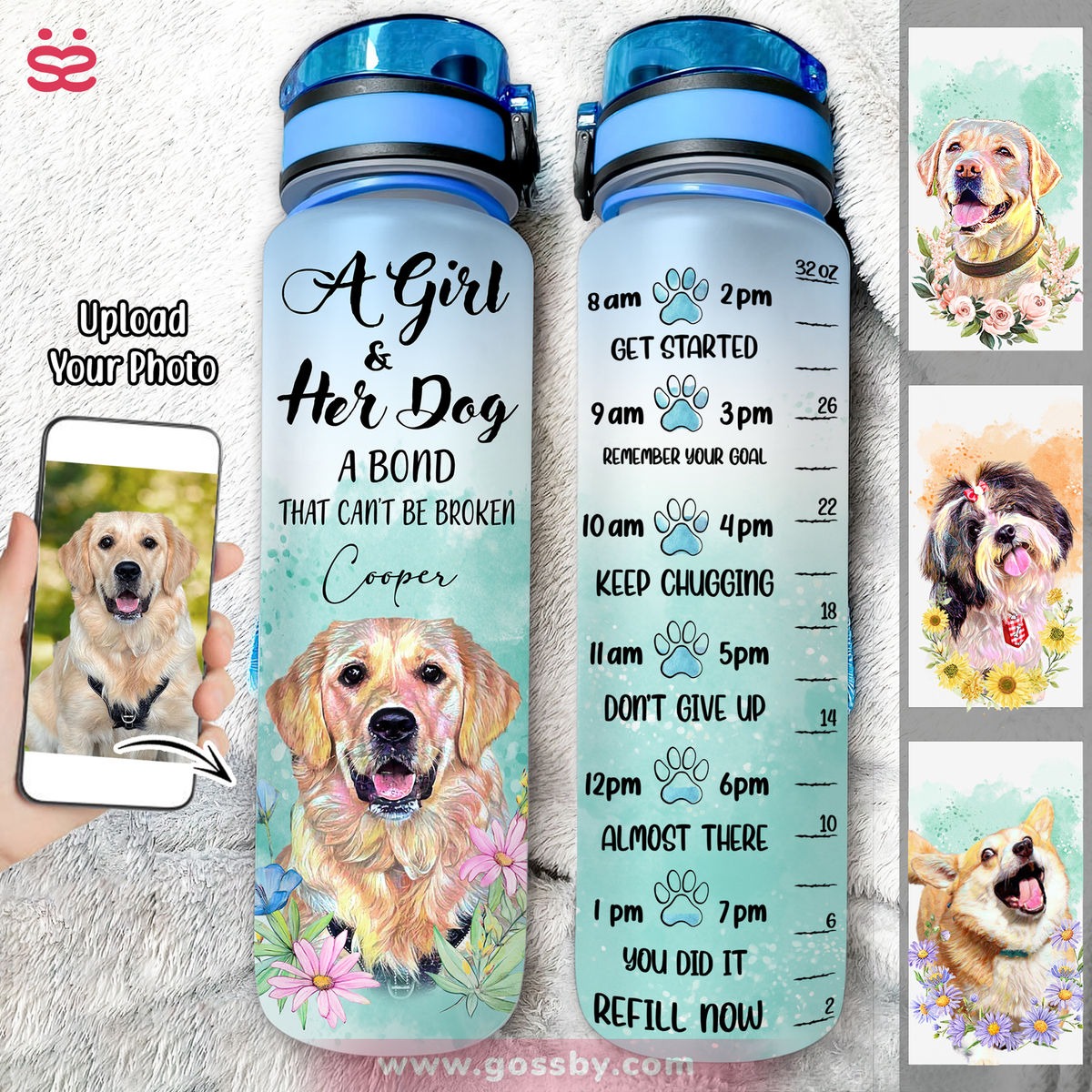 Dog Lover Water Bottle - Dog Portrait Art - Flowers - Custom Pet Dog or Cat Portrait from Photo - Hey Mom Don't Forget to Drink Water_1