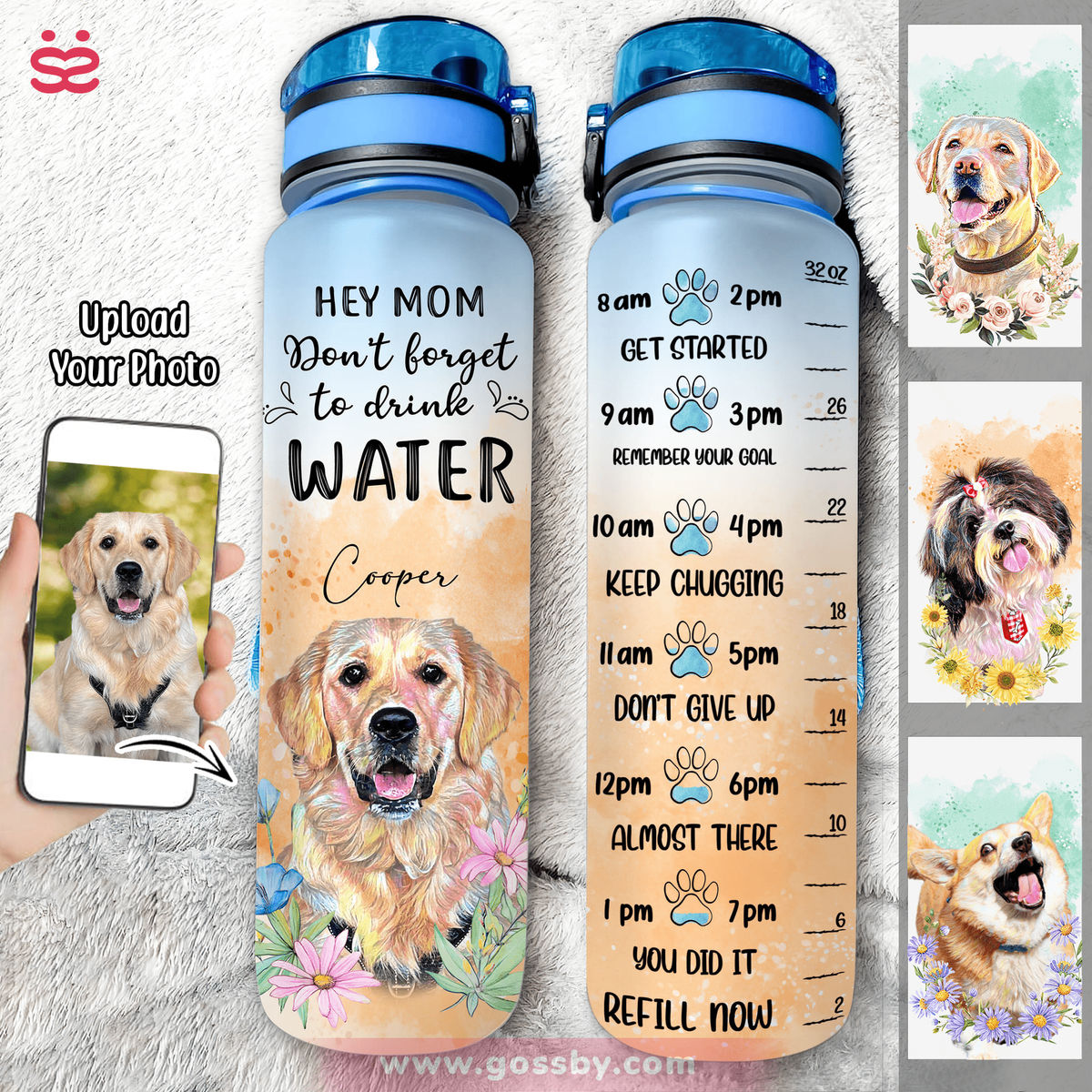 Dog Lover Water Bottle - Dog Portrait Art - Flowers - Custom Pet Dog or Cat Portrait from Photo - A Girl and Her Dog A Bond That Can't Be Broken (O)_1