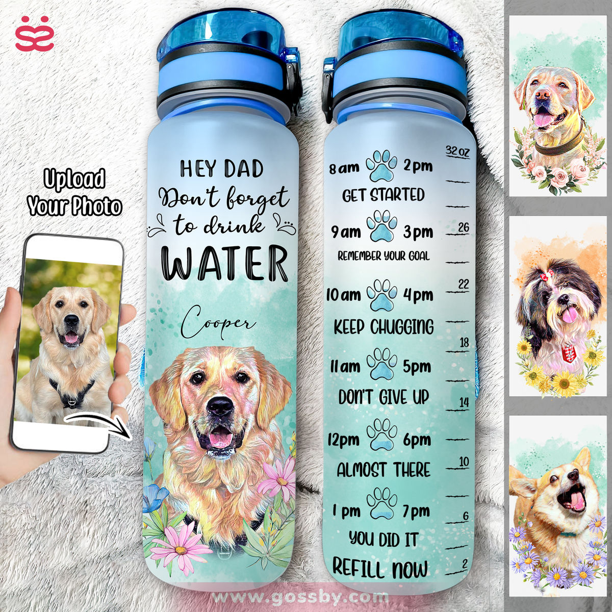 Dog Lover Water Bottle - Dog Portrait Art - Flowers - Custom Pet Dog or Cat Portrait from Photo - Hey Mom Don't Forget to Drink Water (O)_4