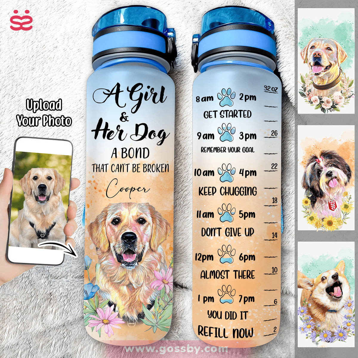 Dog Lover Water Bottle - Dog Portrait Art - Flowers - Custom Pet Dog or Cat Portrait from Photo - Hey Mom Don't Forget to Drink Water (O)