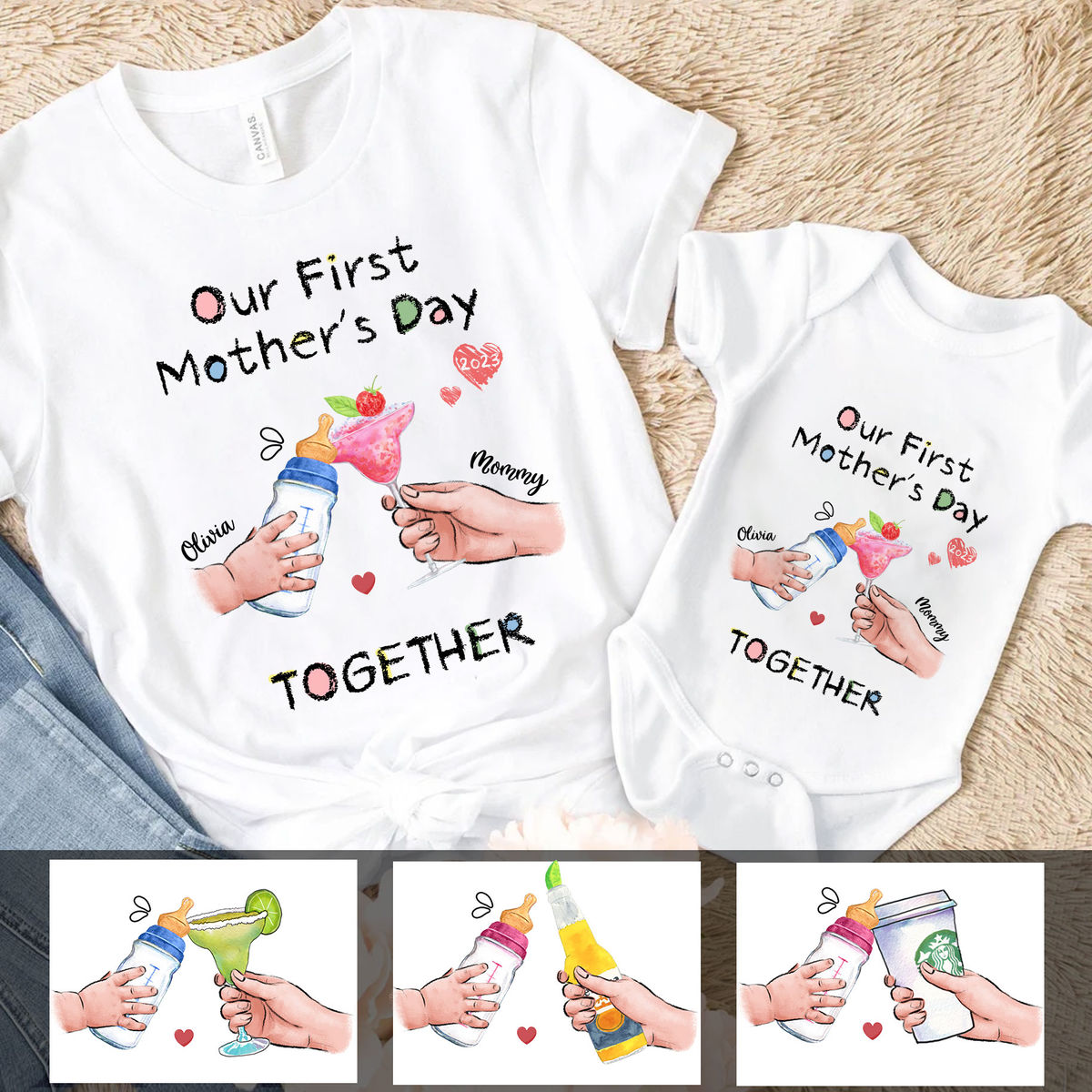 First Mother's Day - Our First Mother's Day Matching Outfit (Onesie and TShirt Set) - Wine n Milk_1