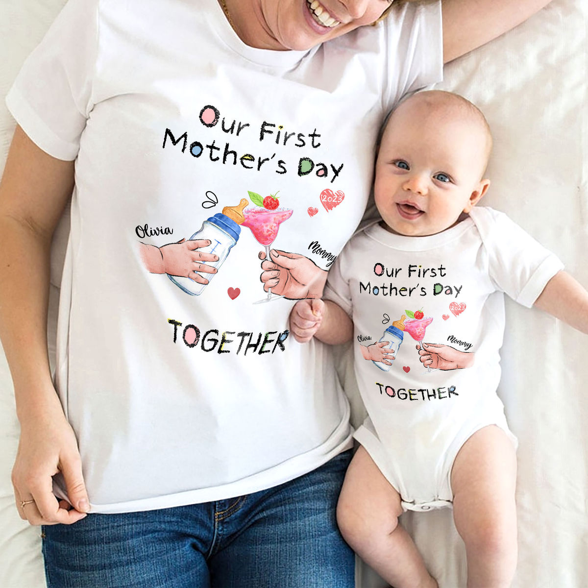 Our First Mothers's Day Matching Outfit (Onesie and TShirt Set) - Wine n Milk