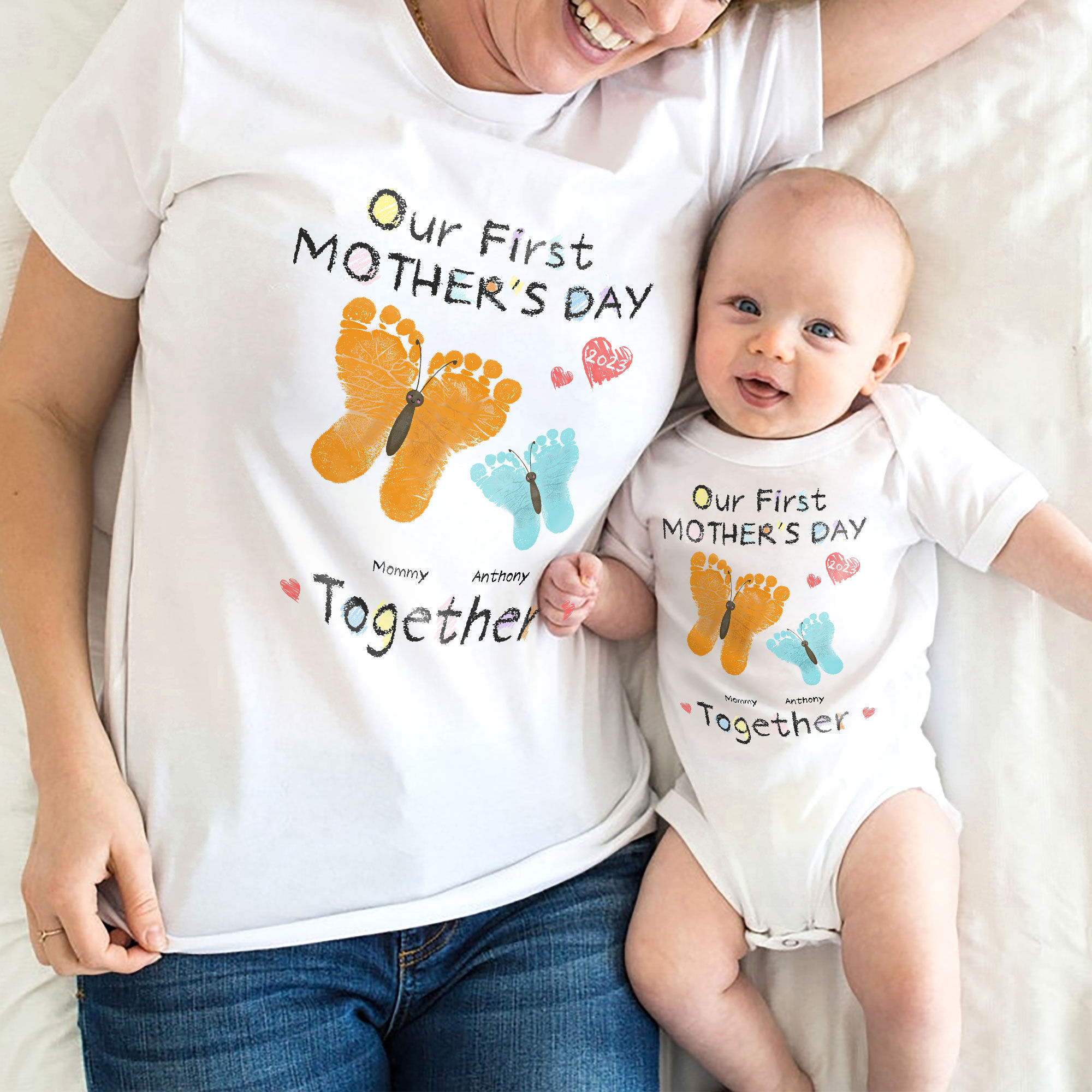 First Mother s Day Our First Mothers s Day Matching Shirt Onesie and TShirt Set Hand Print