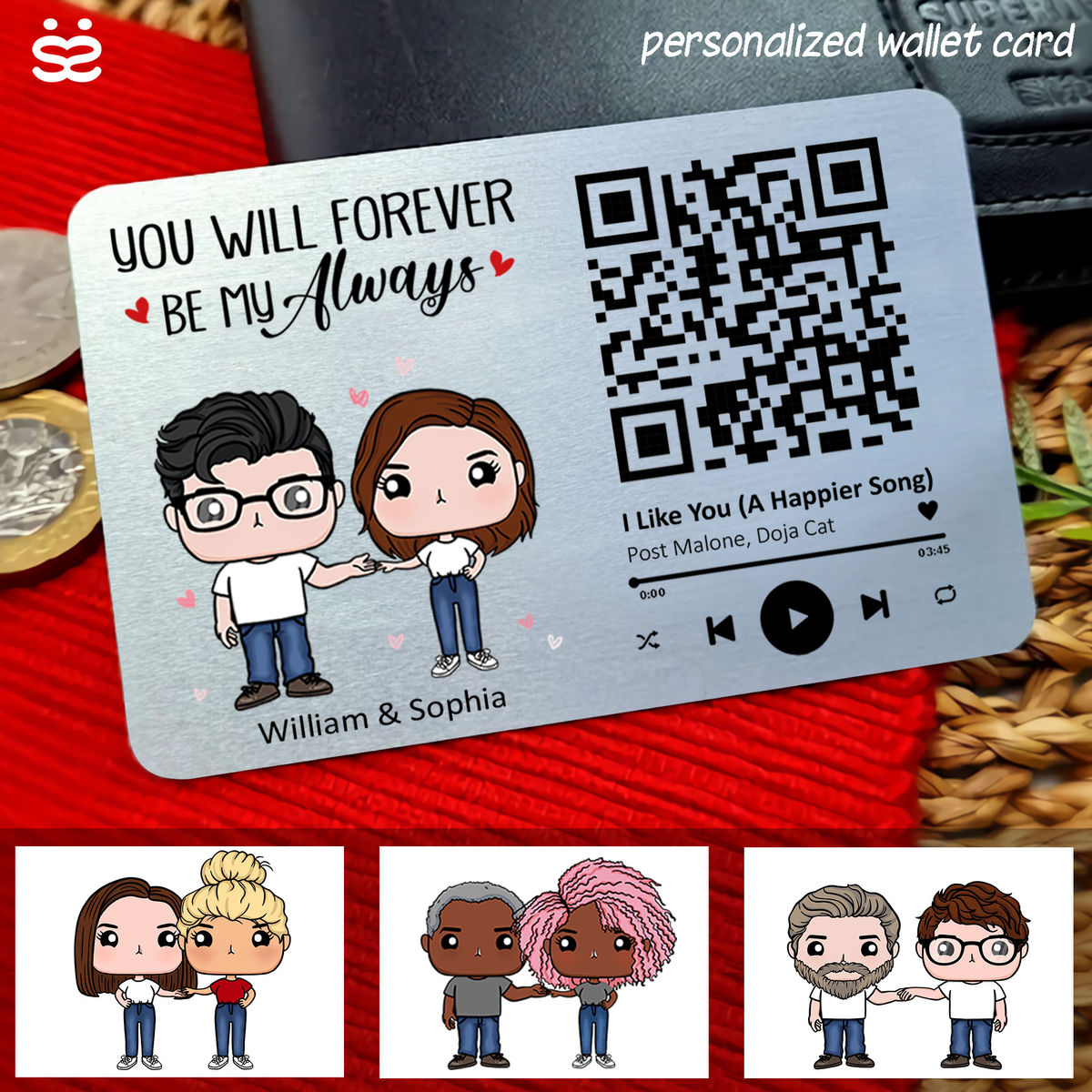 Metal Wallet Card - Couple Figure - You Will Forever Be My Always - Custom Your Favorite Song With Scannable QR Code (0411)