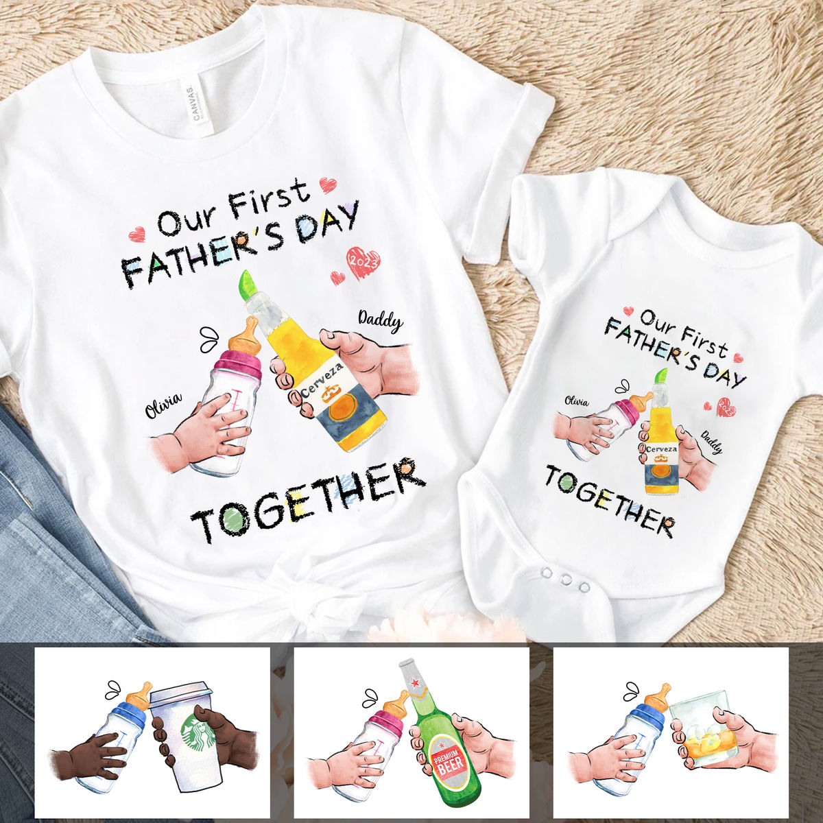 First Father's Day - Drinking - Our First Father's Day Matching Outfit (Onesie and T-Shirt Set) - A_1