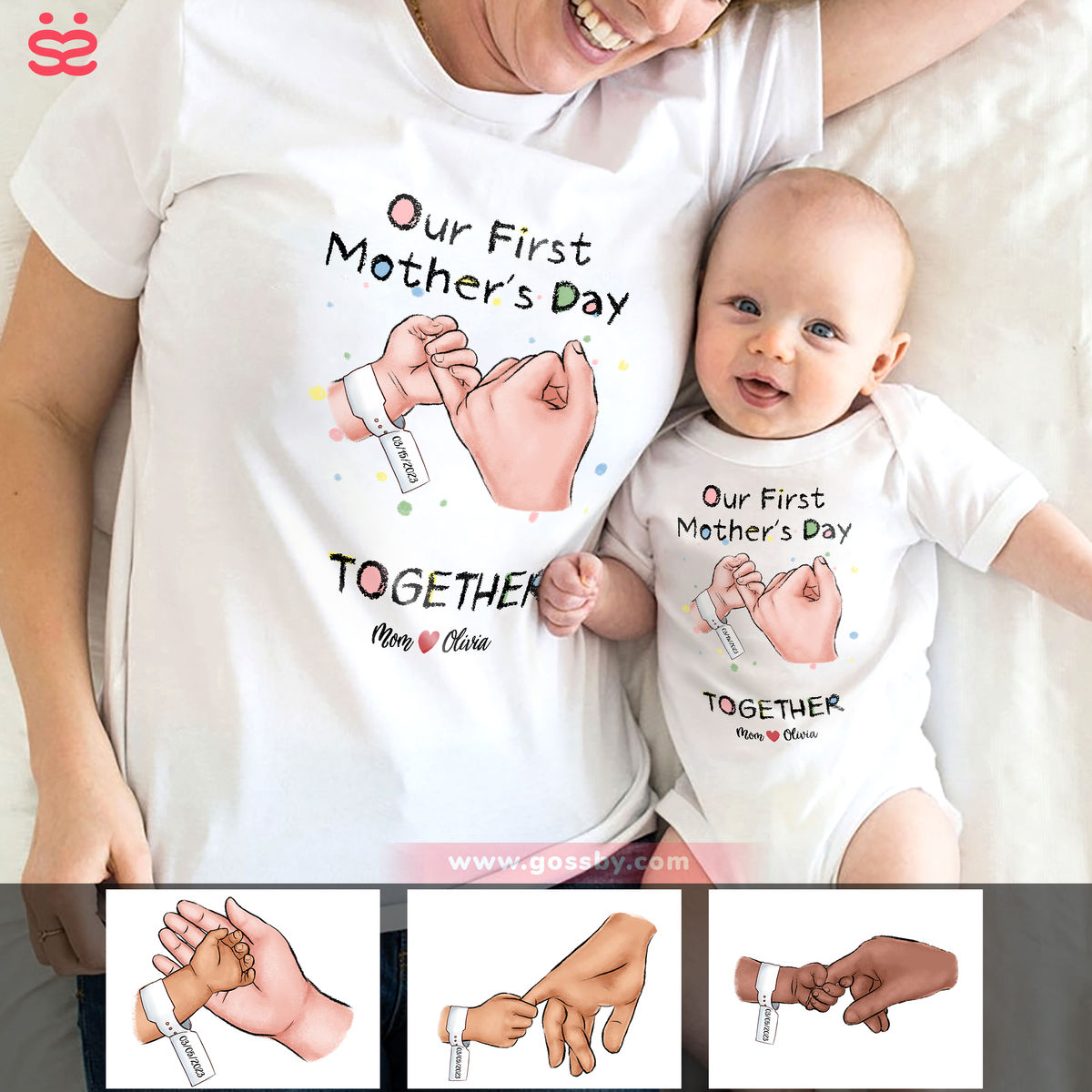 Our First Mother's Day Matching Outfit (Onesie and TShirt Set) - Mother and Child Hand
