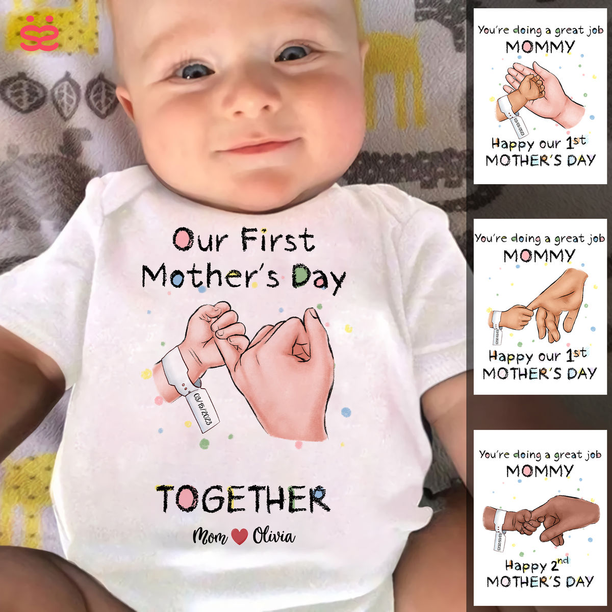 First Mother's Day - Our First Mother's Day Matching Outfit (Onesie and TShirt Set) - Mother and Child Hand_1