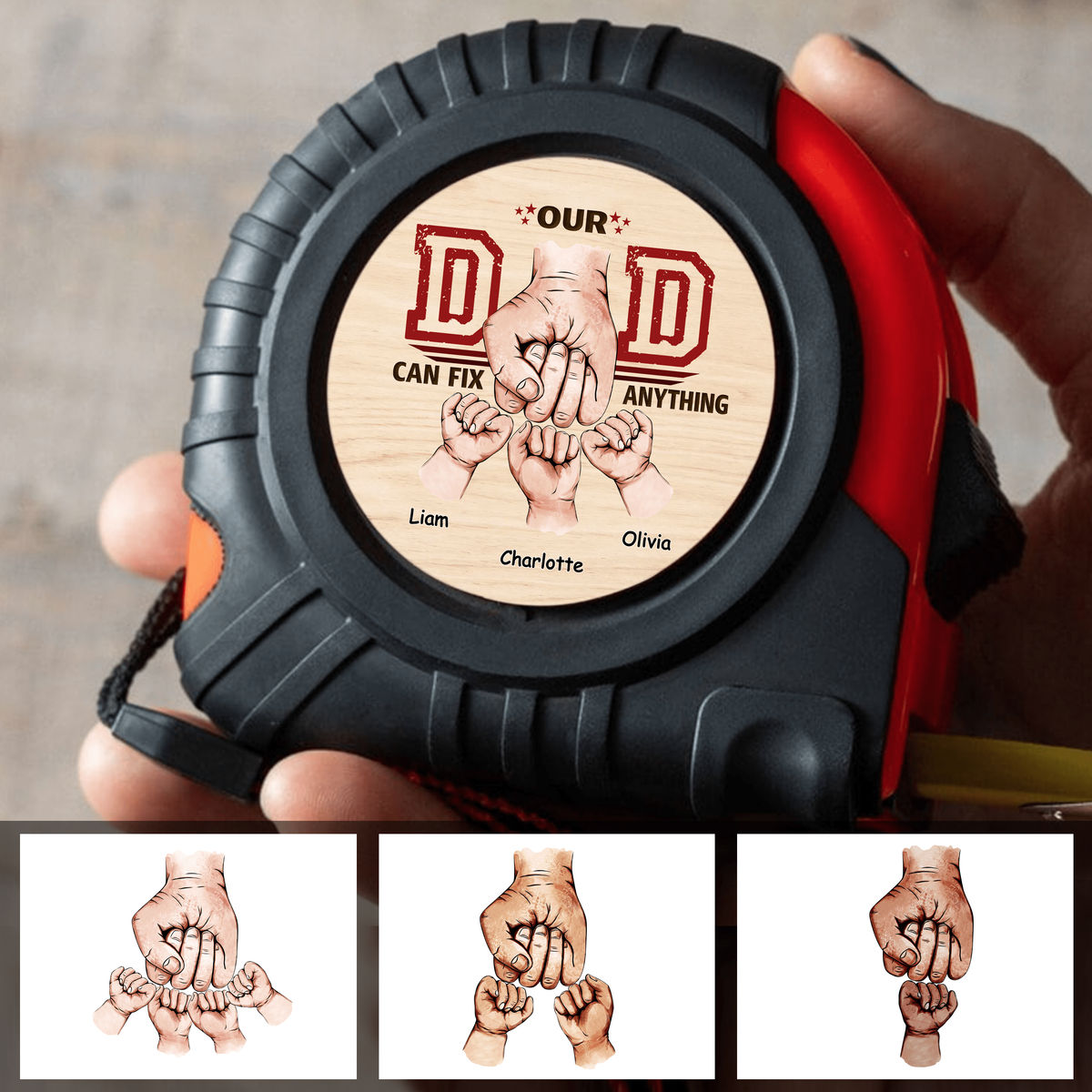 Personalized Tape Measure - Our Dad can Fix Anything -  Hand Bumping