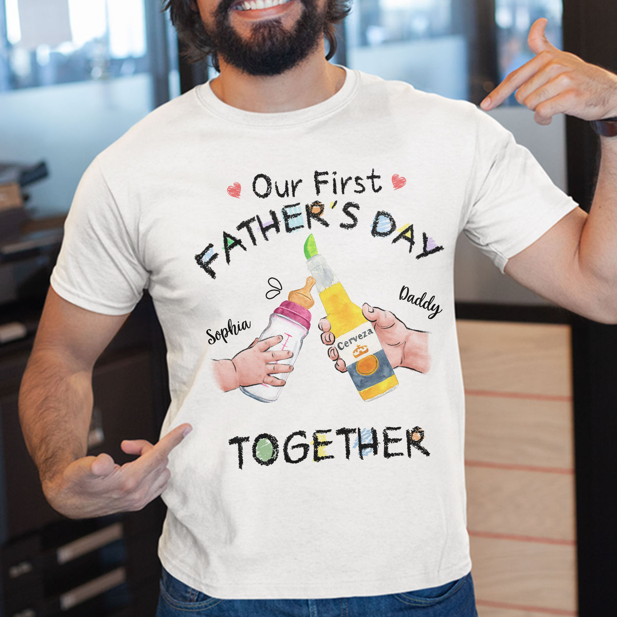 First Father's Day - Drinking - Our First Father's Day Matching Outfit (Onesie and T-Shirt Set)  (cm)_1