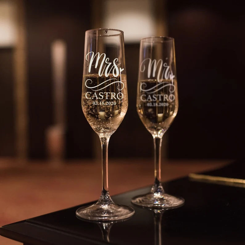 Personalized Mr and Mrs Champagne Glasses - Wedding Gifts, Bridal Shower Gifts