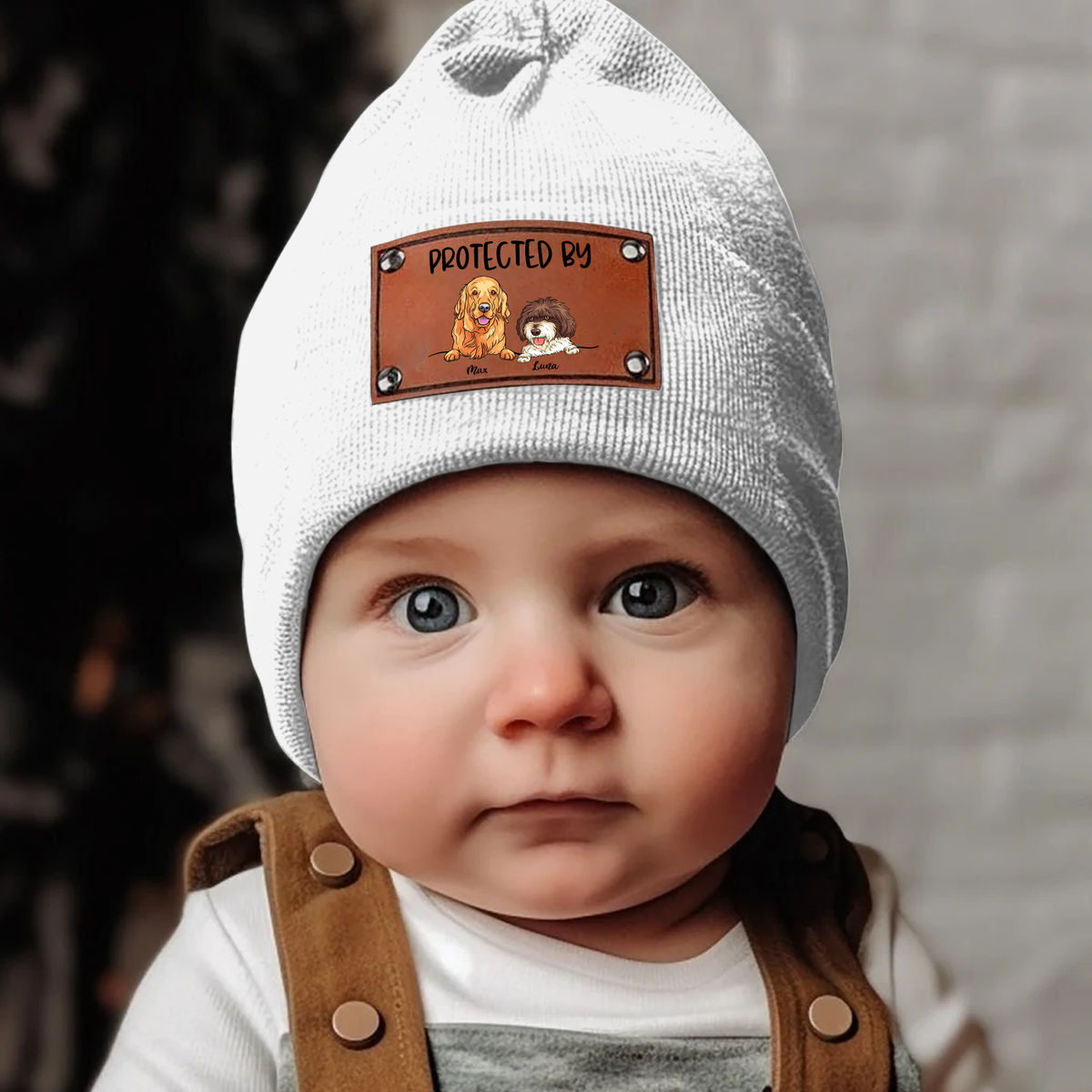 Custom Baby Beanie - Protected By Dogs - Cute Baby Shower Gift (v1) Christmas Gift For Baby, Kid, Infant, Toddler, Grandkid_1