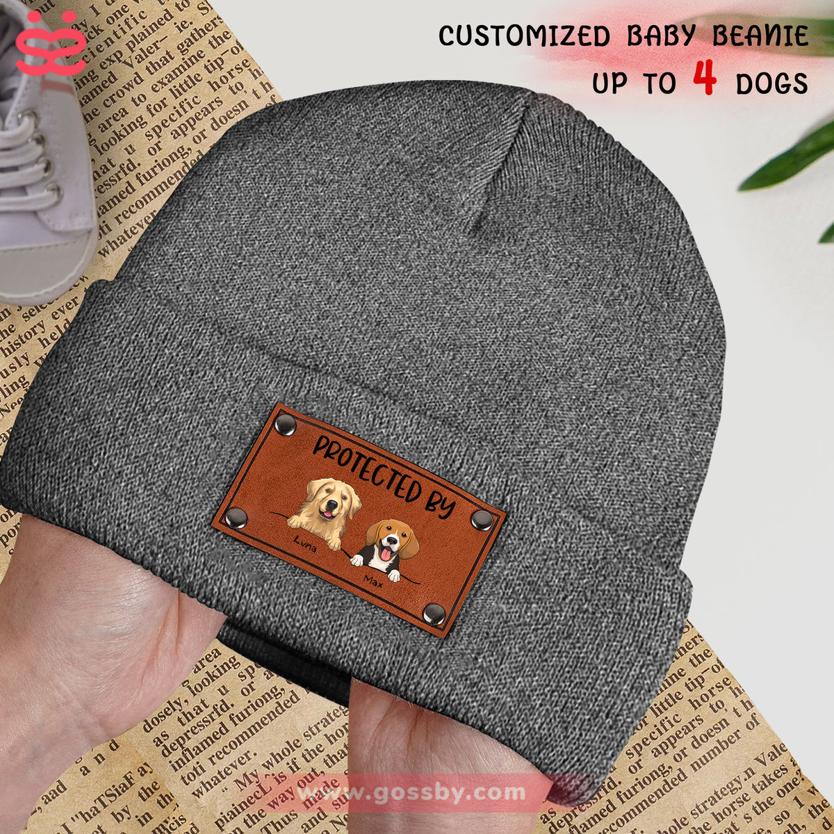 Custom Baby Beanie - Protected By Dogs - Cute Baby Shower Gift (v4) Christmas Gift For Baby, Kid, Infant, Toddler, Grandkid_2