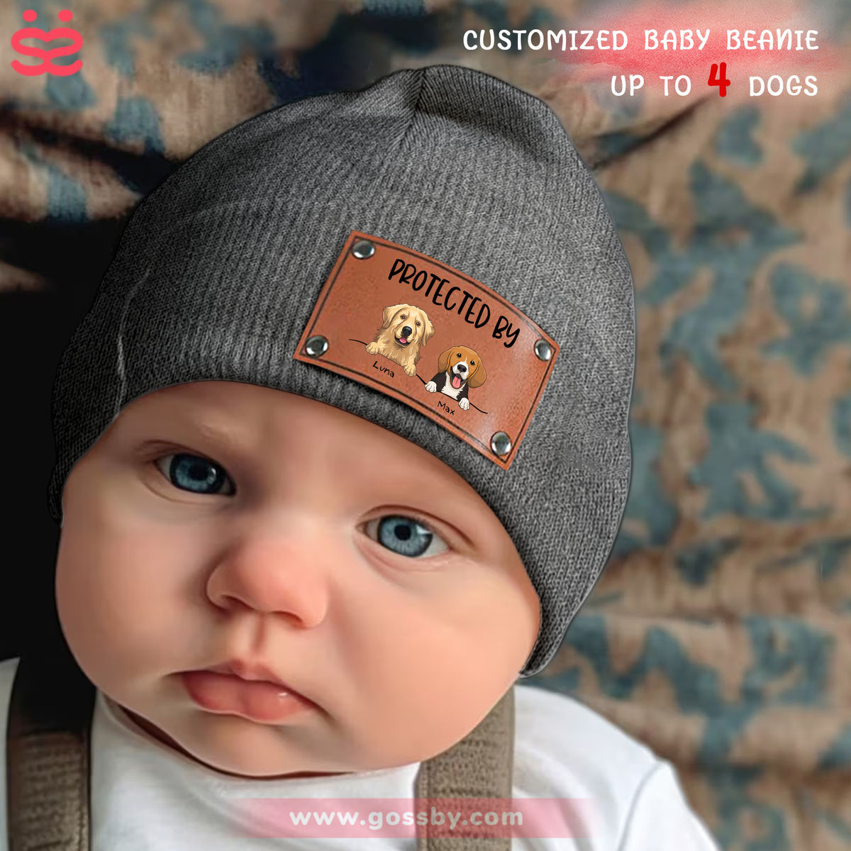 Custom Baby Beanie - Protected By Dogs - Cute Baby Shower Gift (v4) Christmas Gift For Baby, Kid, Infant, Toddler, Grandkid