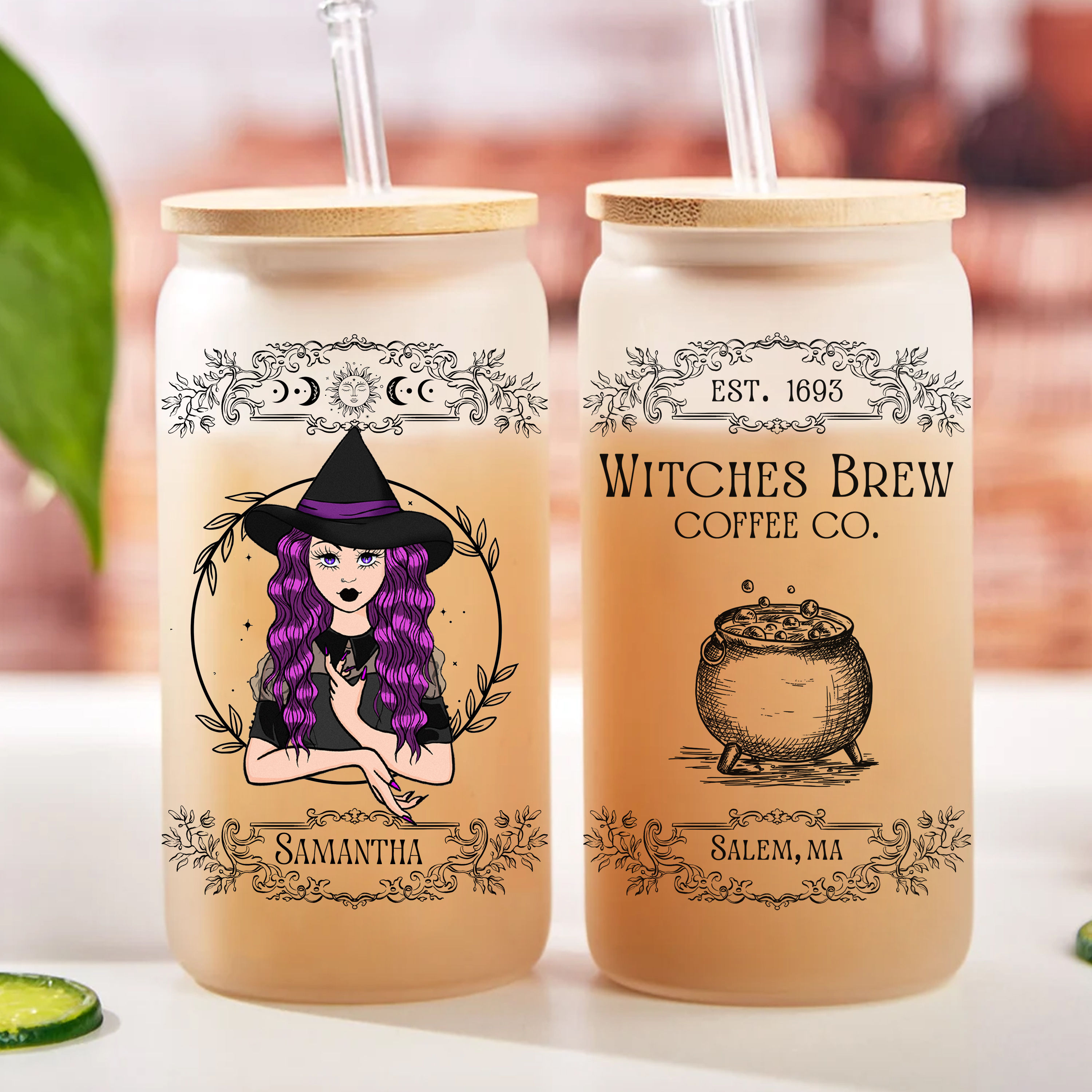 Witches Brew Frosted Glass Cup With Bamboo Lid and Straw, Funny