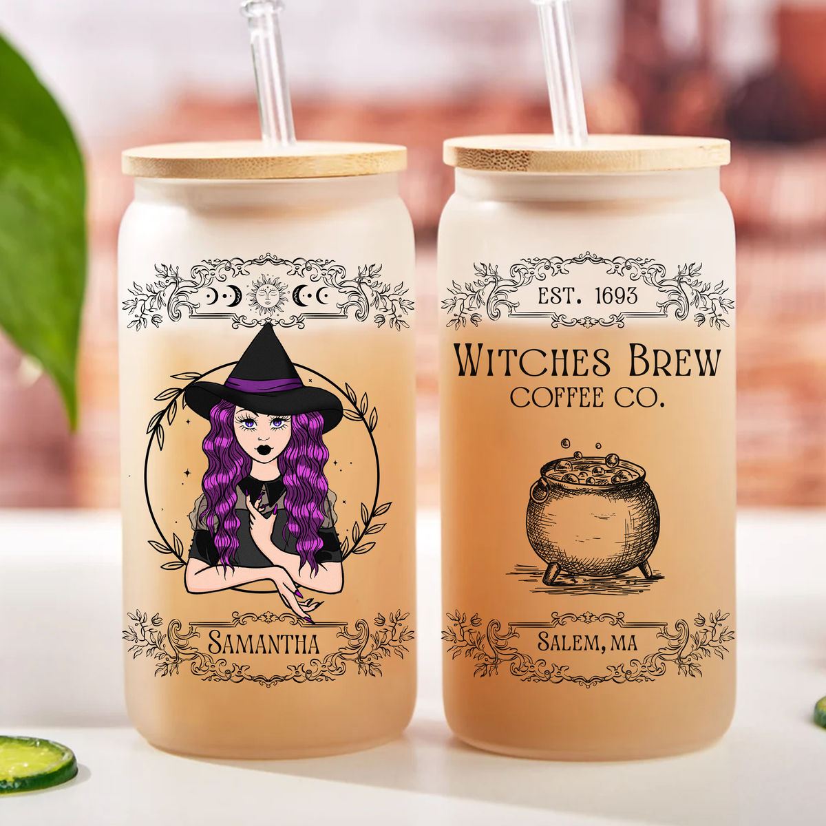 Witch - Witch's Brew Coffee Co Frosted Glass 16 oz Cup Can Tumbler with  Bamboo Lid and