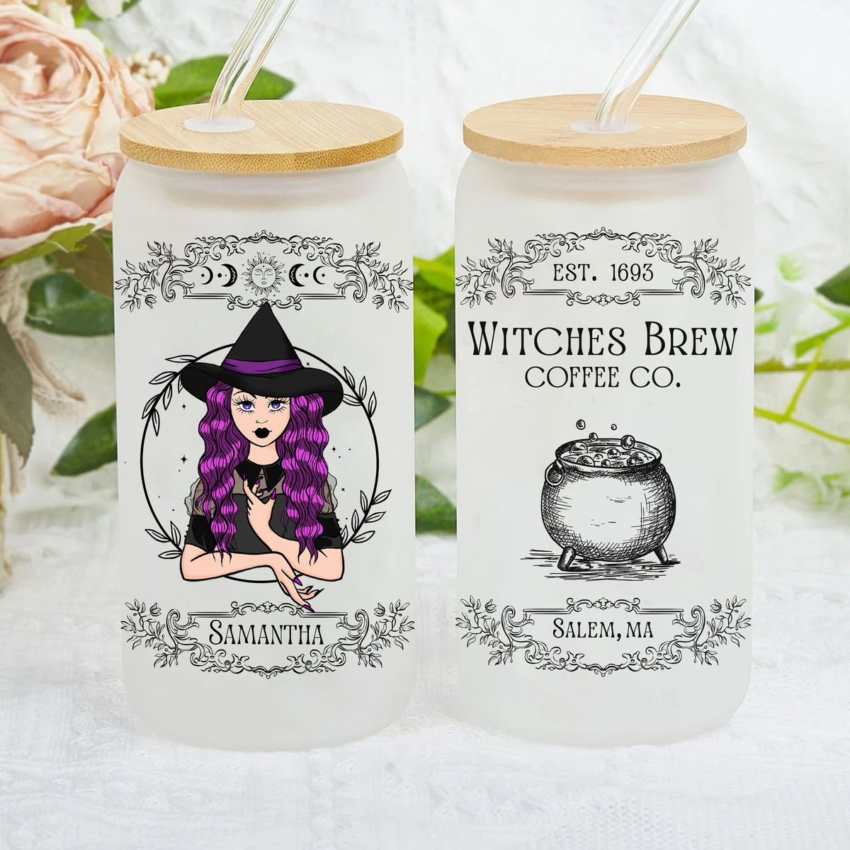 Witches Brew Frosted Glass Cup With Bamboo Lid and Straw, Funny Hallow