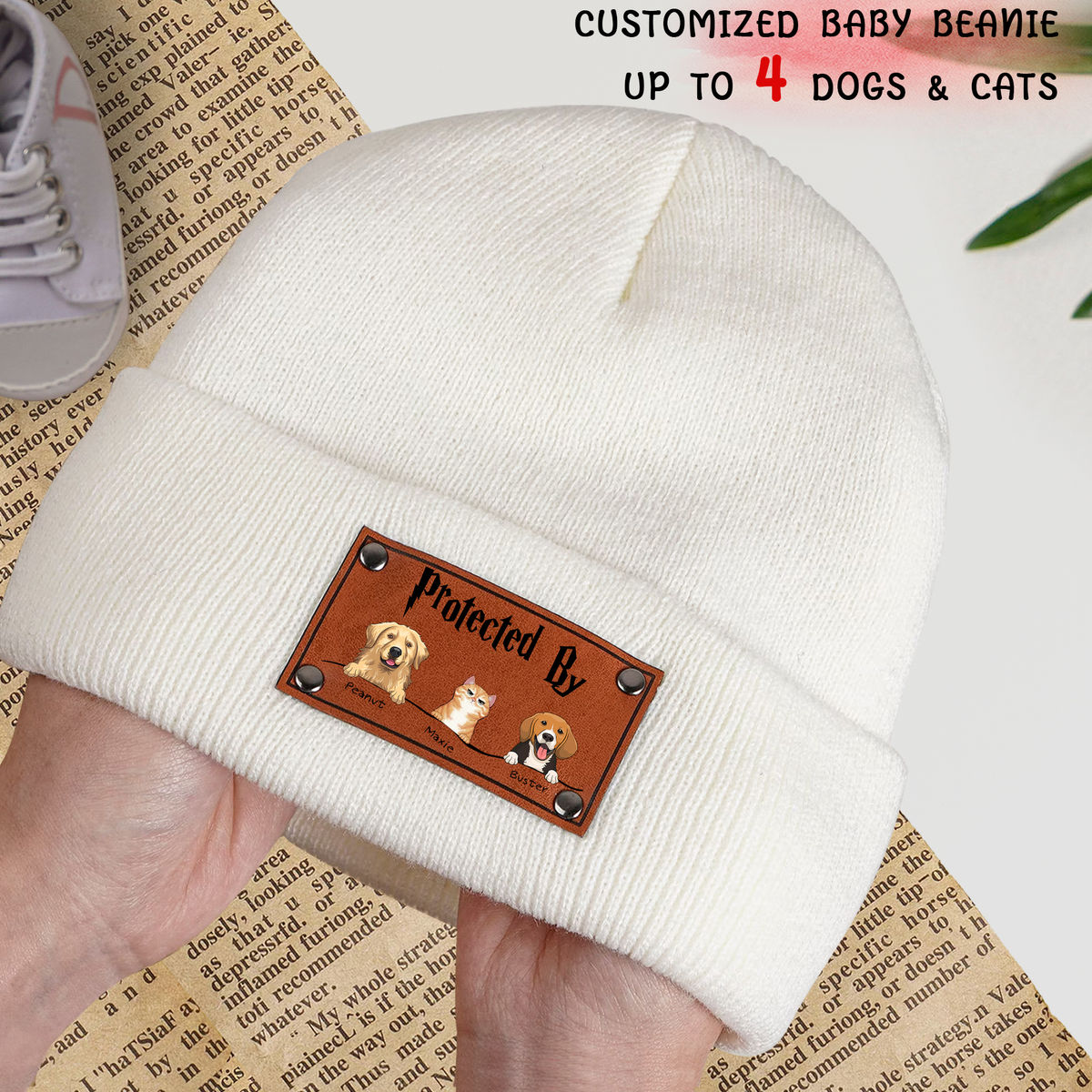 Beanie Custom Leather Patch - Protected By Cats & Dogs (47497) Christmas Gift For Baby, Kid, Infant, Toddler, Grandkid, Baby Shower Gifts_8