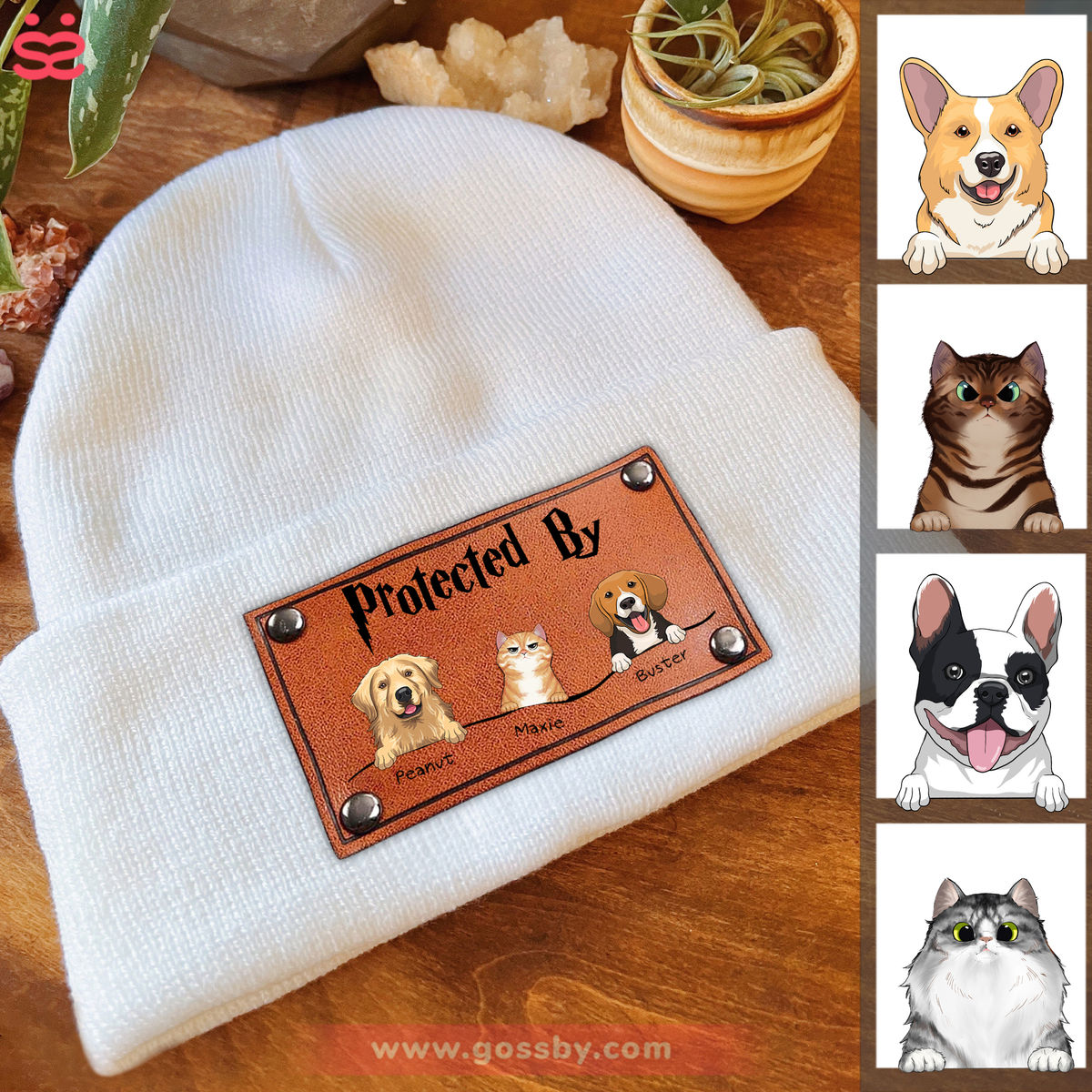 Beanie Custom Leather Patch - Protected By Cats & Dogs (47497) Christmas Gift For Baby, Kid, Infant, Toddler, Grandkid, Baby Shower Gifts