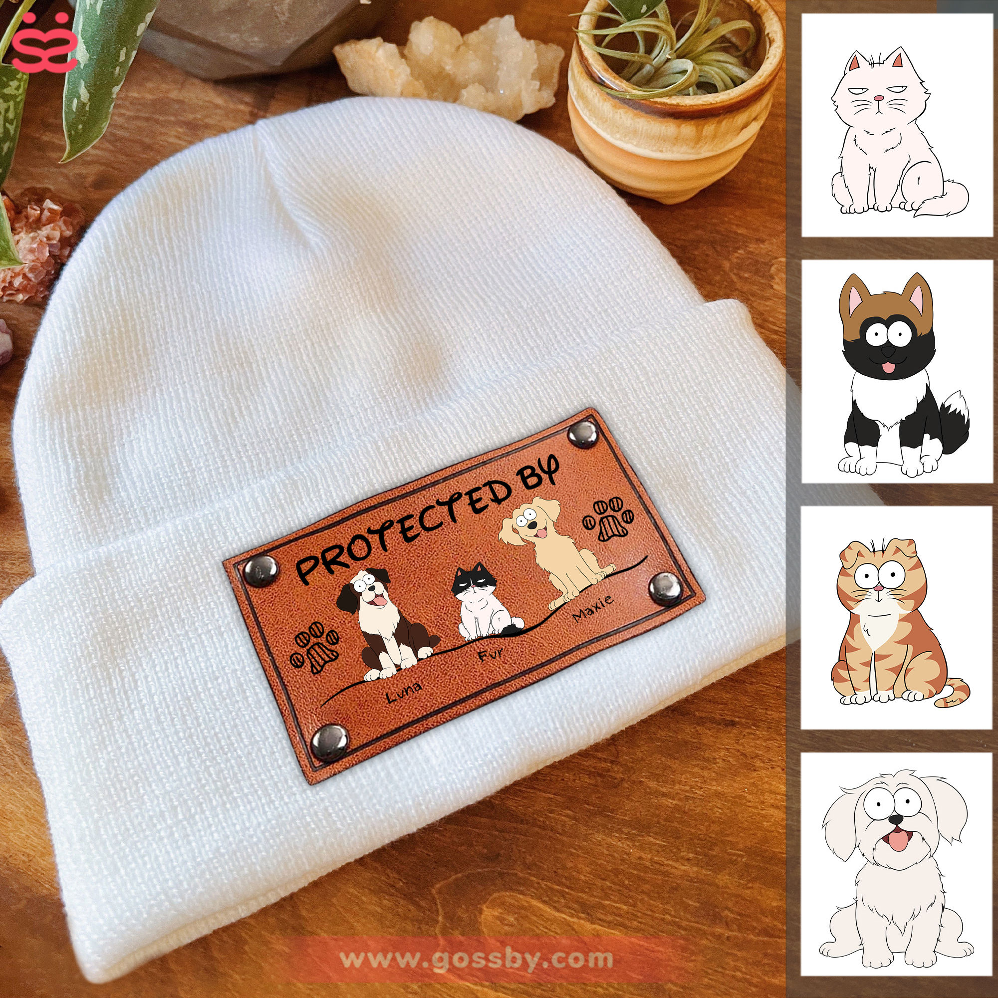 Beanie Custom Leather Patch - Protected By Cats & Dogs (P